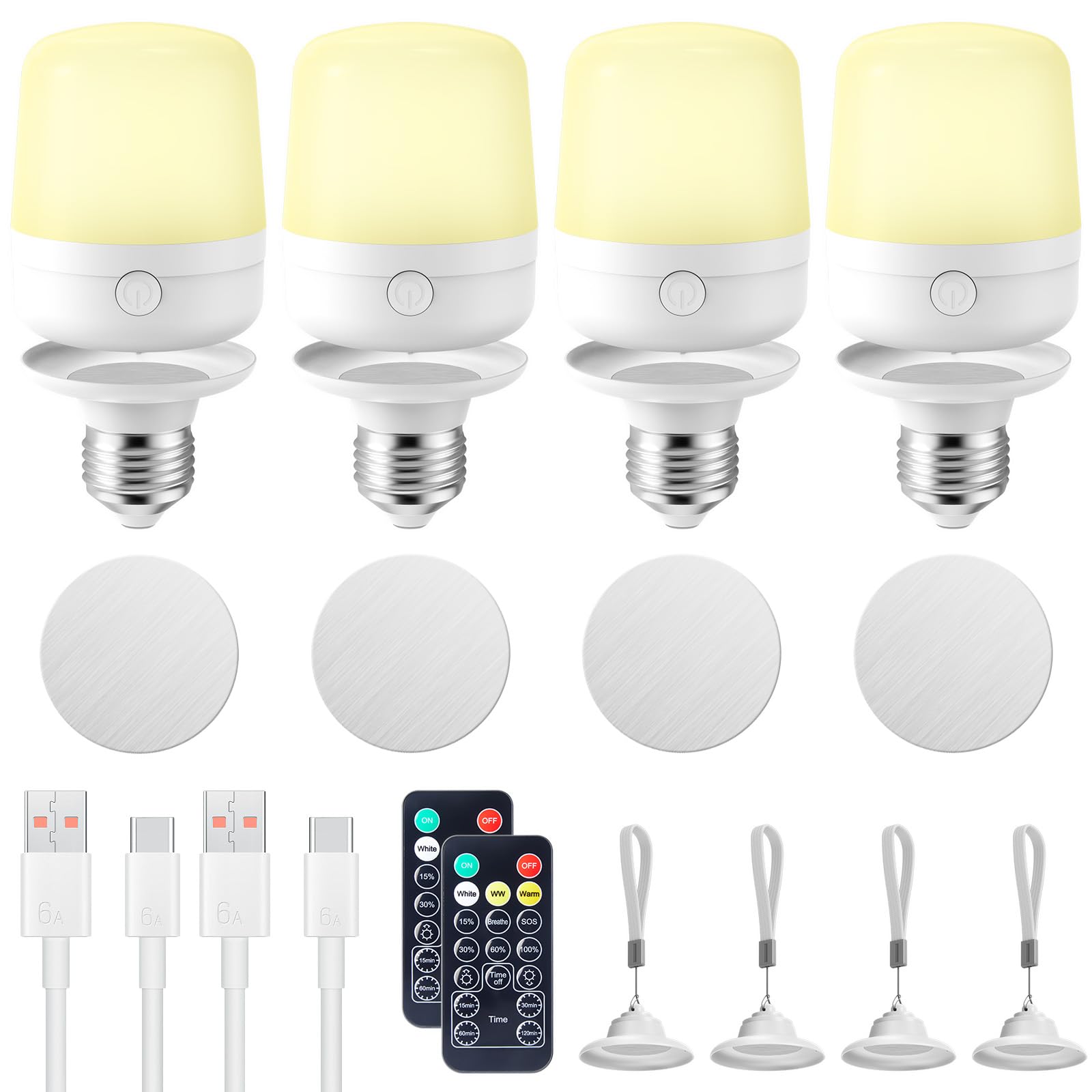 Rechargeable Light Bulb With Remote And Timer For Sconce And Lamp, Battery Backup Night Light, E26 Detachable Charging, Magnetic Base, 3 Lighting Colors, Dimmer, 7W, Lanyard Included, 4 Pack