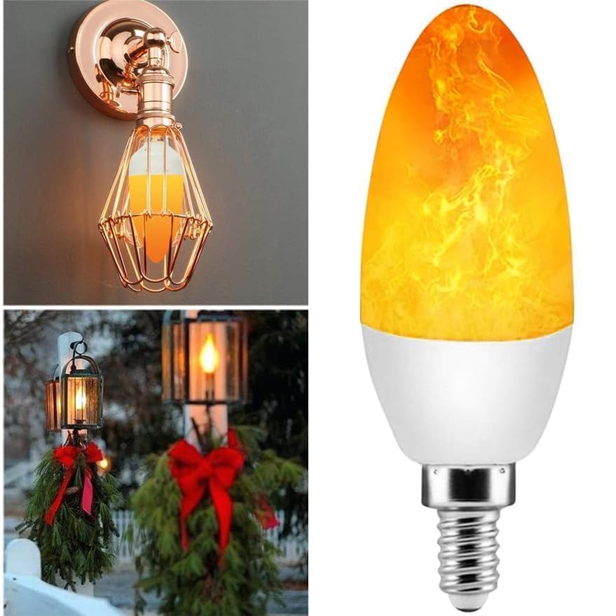 Icrius Led Flame Light Bulbs E12 (2-Pack) - Warm Yellow Flickering Flame Effect Lights For Christmas, Halloween, Parties, Firepl
