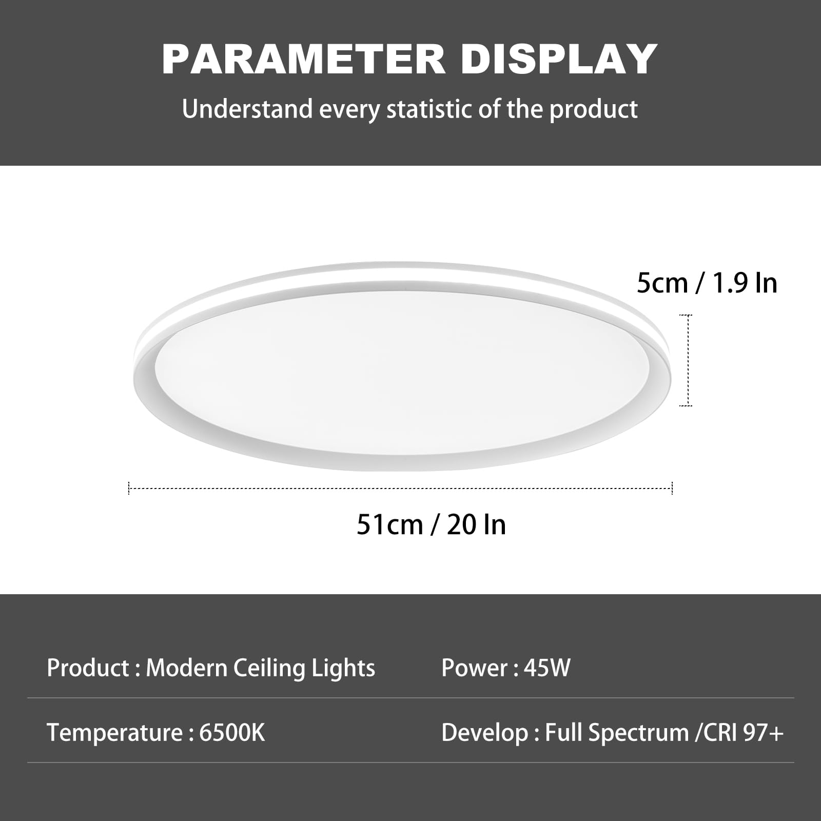 Naroume Metal Led Ceiling Light,Slim, Edge Lit - 45W Full Spectrum Round Ceiling Lamps,6500K Cool White Modern Ultra Thin Low Pr
