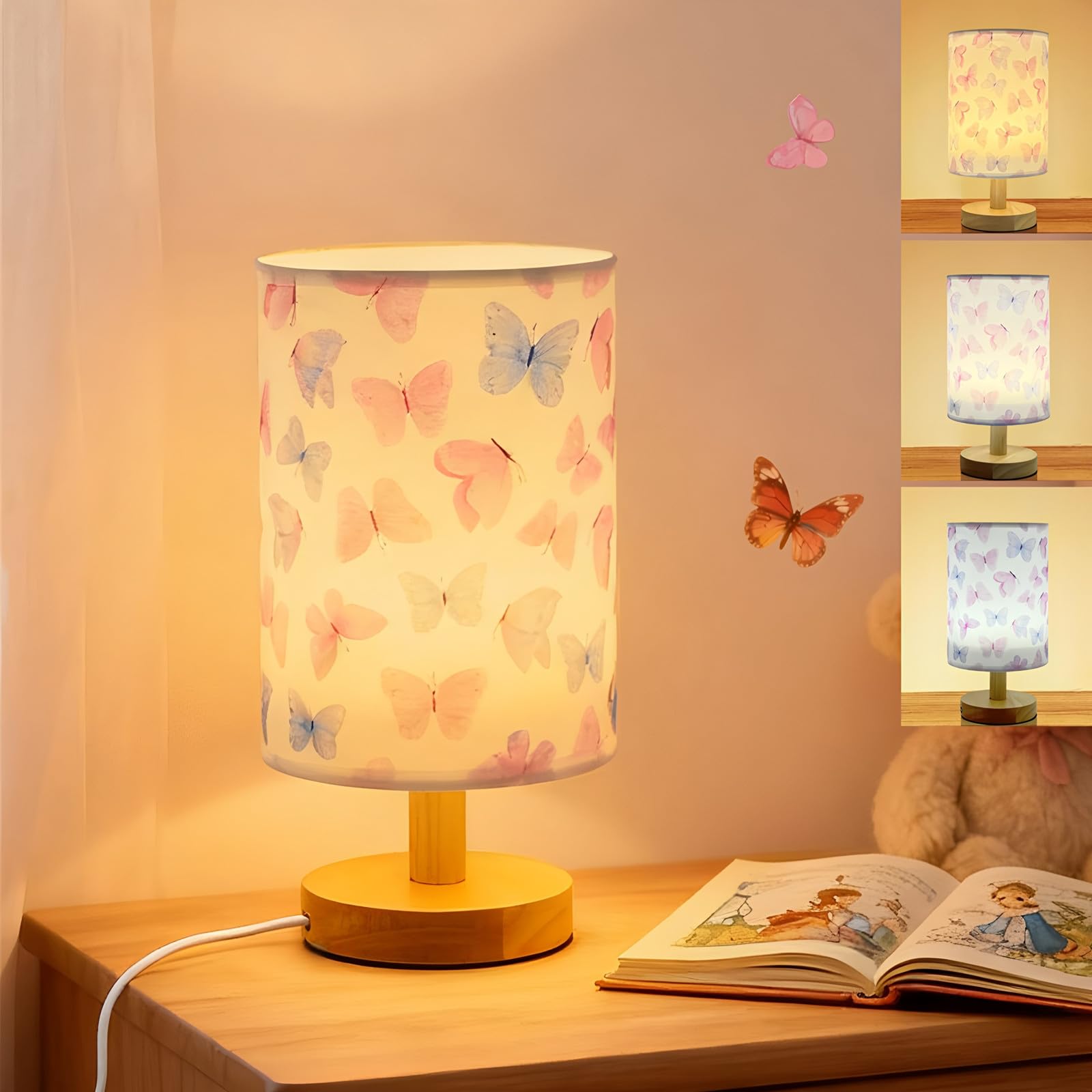 Butterfly Kids Table Lamp for Bedroom Kids Bedside Lamps 3 Colors Dimmable Nightstand Night Light with Cartoon Flaxen Fabric Shade Desk Lamp for Girls Boys Room Nursery Decor Butterfly Gifts for Girls