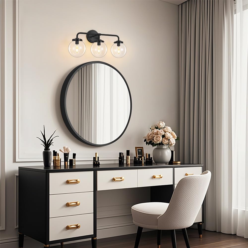 Deyidn Black Bathroom Vanity Light Fixtures Over Mirror, Modern Matte Black 3 Lights Wall Sconce Lighting With Transparent Glass