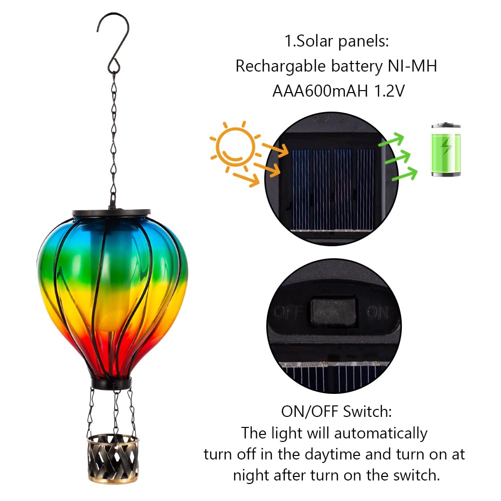 Starsoul Solar Lantern - Glass Hot Air Balloon, Waterproof, Flickering Flame Light, Colorful, Model 1102