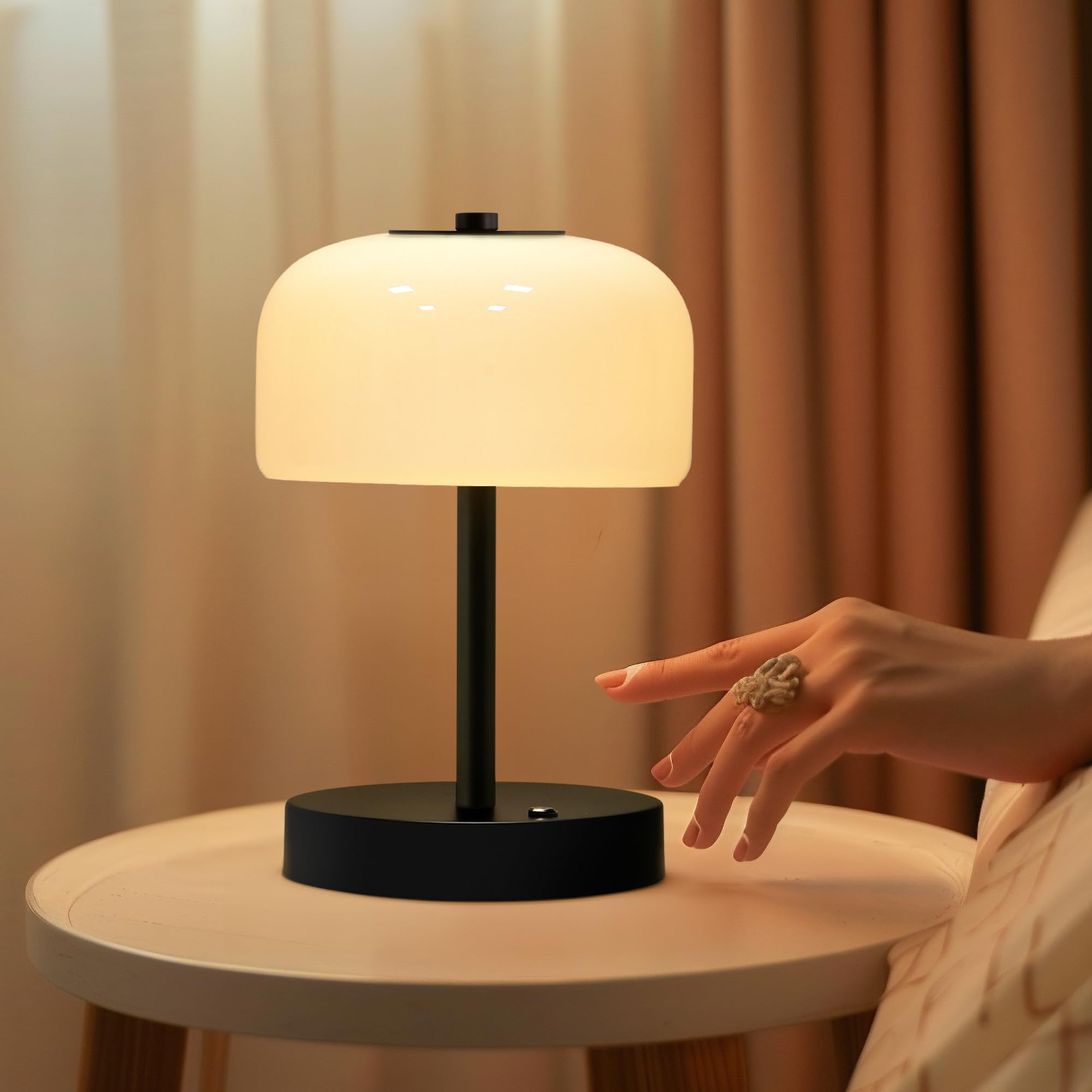 Oneach Cordless Table Lamp, Outdoor Portable Rechargeable Battery Lamp, Small Touch Mushroom Lamp With Opal Glass Shade, 3 Color