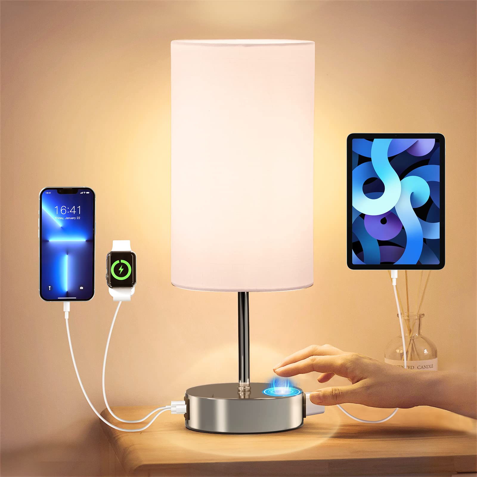 Kpq Bedside Lamp Touch Control Table Lamp With Usb A+C Charging Ports & Ac Outlet 3-Way Dimmable Nightstand Lamp With Linen Fabr