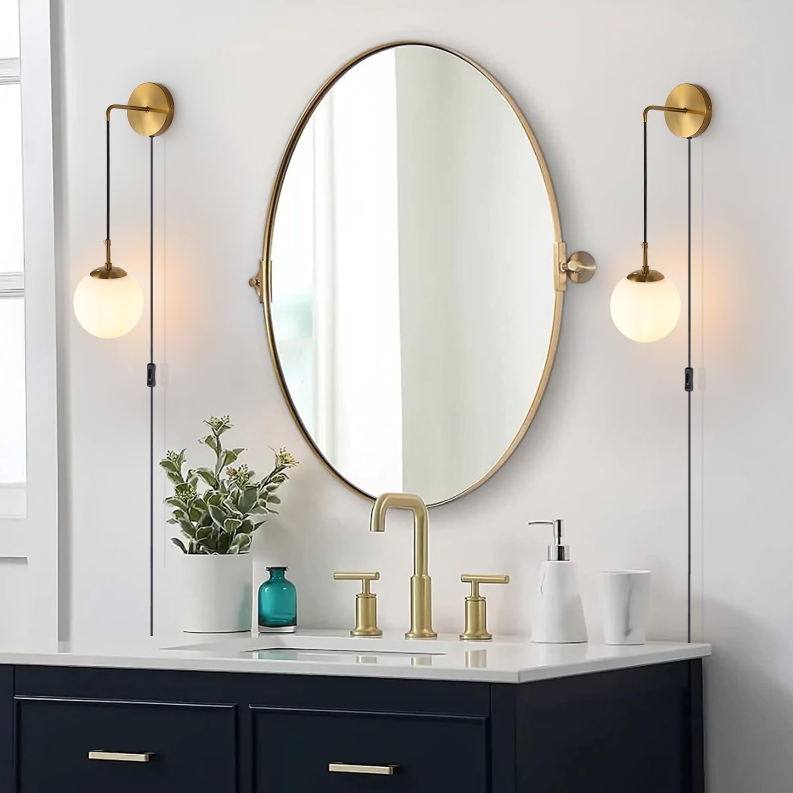 KUZZULL Wall Sconces Set of Two Plug in Wall Sconces Brushed Brass Gold Wall Lamp with Cord Wall Sconce Plug in with Globe White