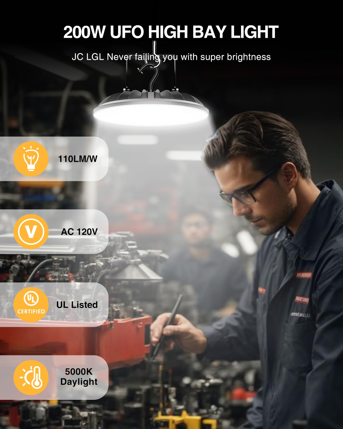 Jc-Lgl Ufo Led High Bay Light 200W, 22000Lm Ul Listed, With Hook And U Bracket, Ip65 Commercial Plug & Play Lighting For Warehou