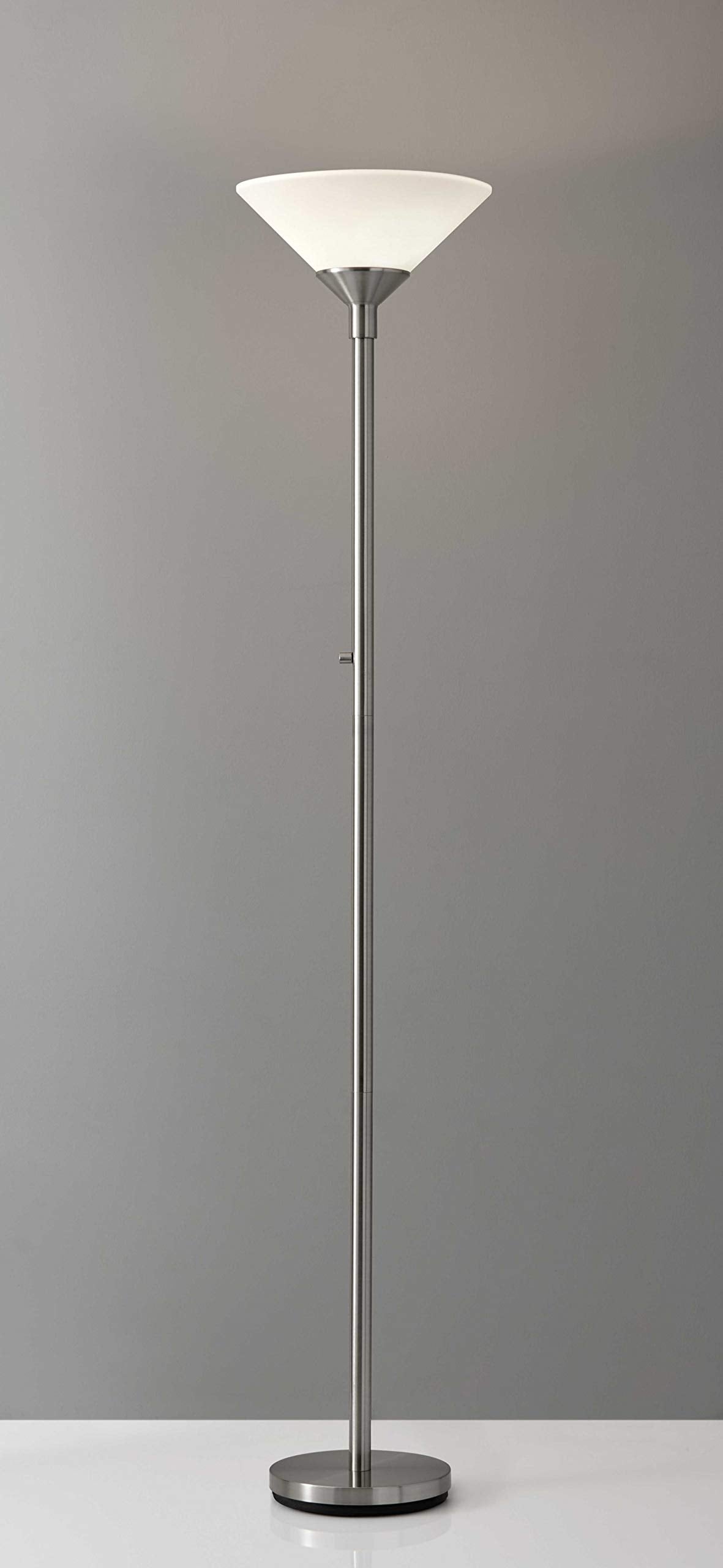 Homeroots 300W Torchiere Floor Lamp, 14&quot; X 14&quot; X 73&quot;, Brushed Steel, White Plastic
