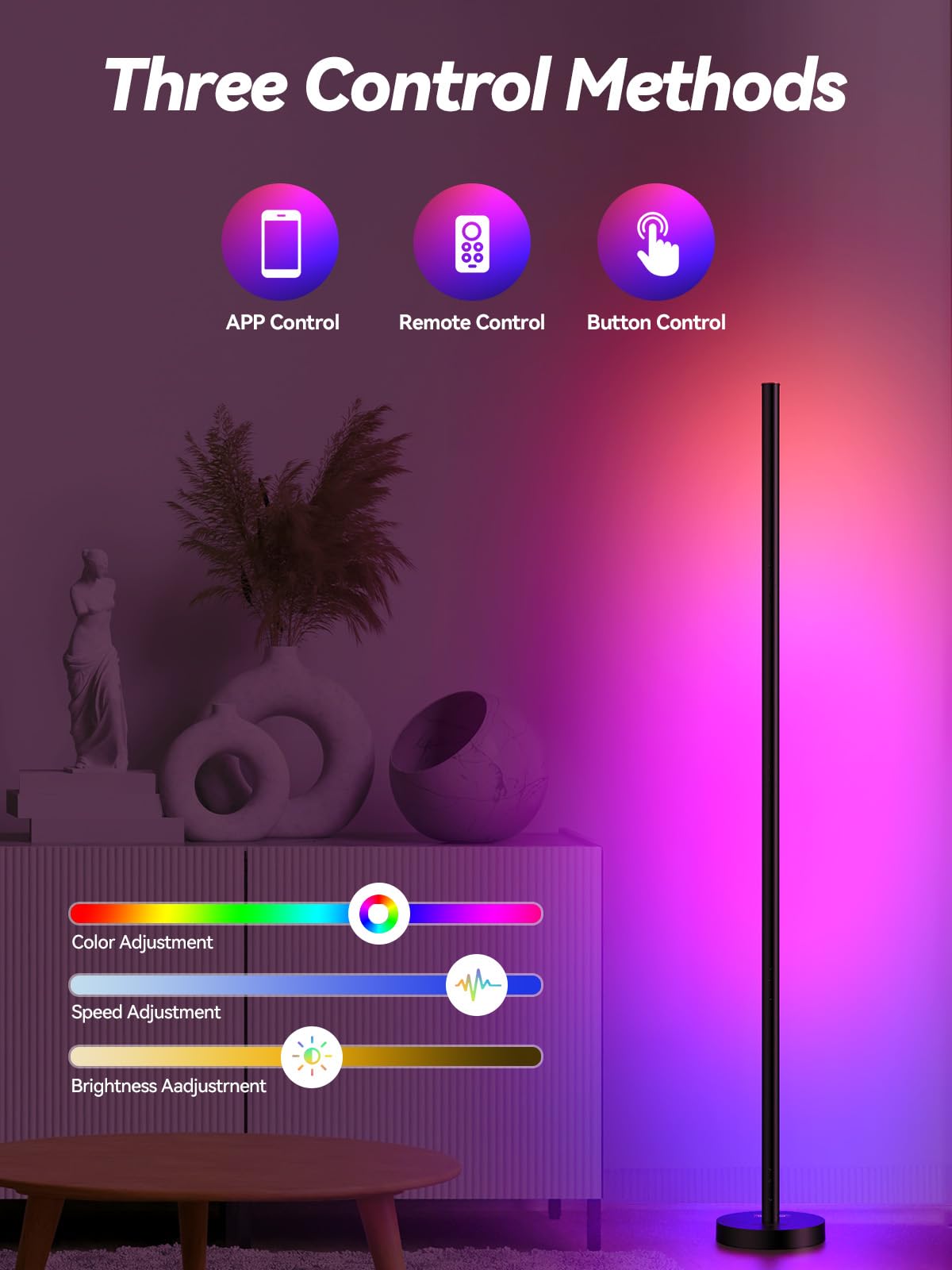 BrilliLux LED Corner Floor Lamp, RGBICW 16M Colors, Music Sync, Remote Control, Black, Model LZ-1201000B