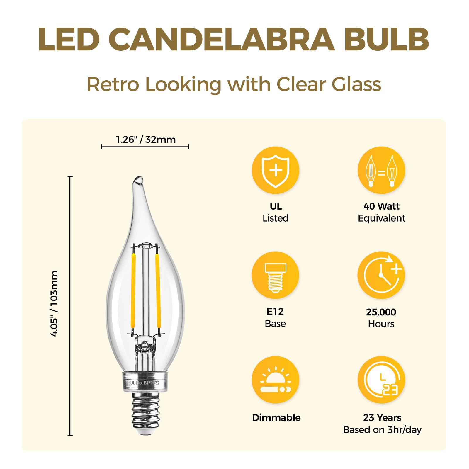 Hizashi E12 Candelabra Bulbs 40 Watt Equivalent, 90+ Cri E12 Led Bulb Dimmable Flame Tip Chandelier Light Bulbs, 4W 450Lm 3000K