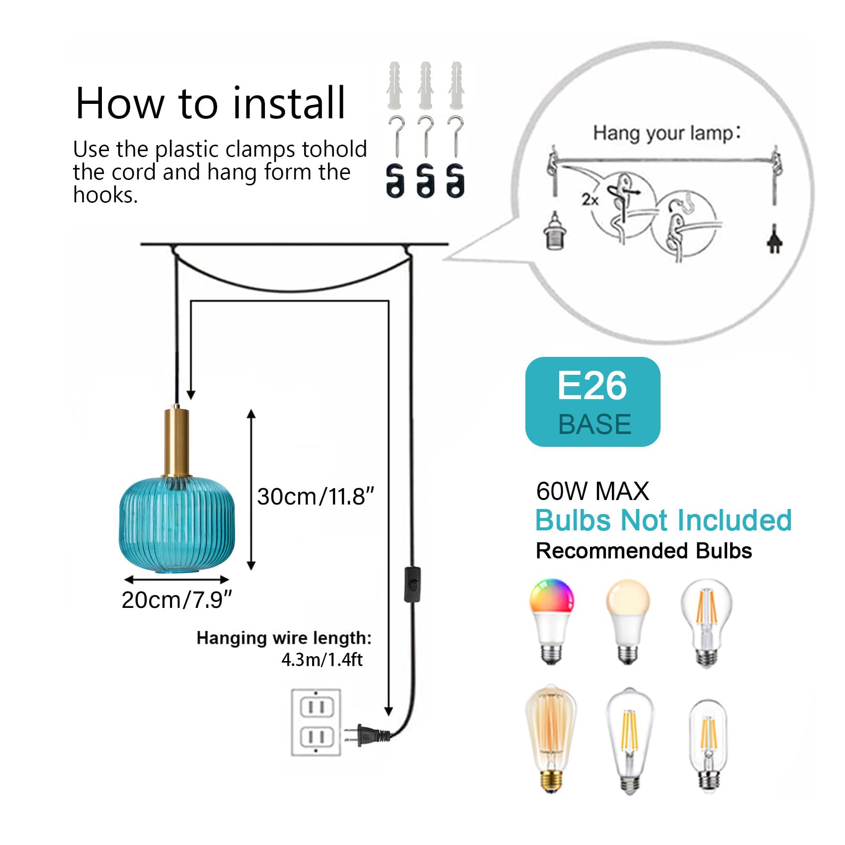 Pobllem Plug In Glass Pendant Light Blue Chandelier Ceiling Light Fixtures With Classic Striped Lantern Design, Mid Century Mode