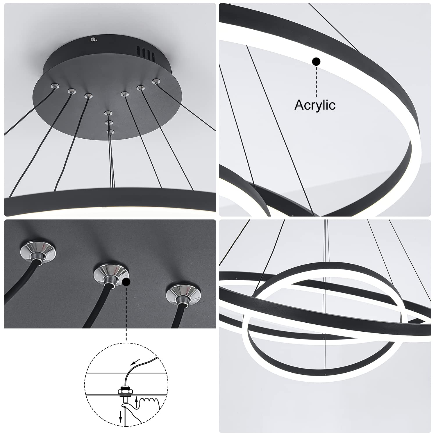 XGZL · LIGHTING Modern LED Chandelier, Dimmable 3-Rings, Black, Remote Control, 3000K-6500K for Living Room, Bedroom, Foyer