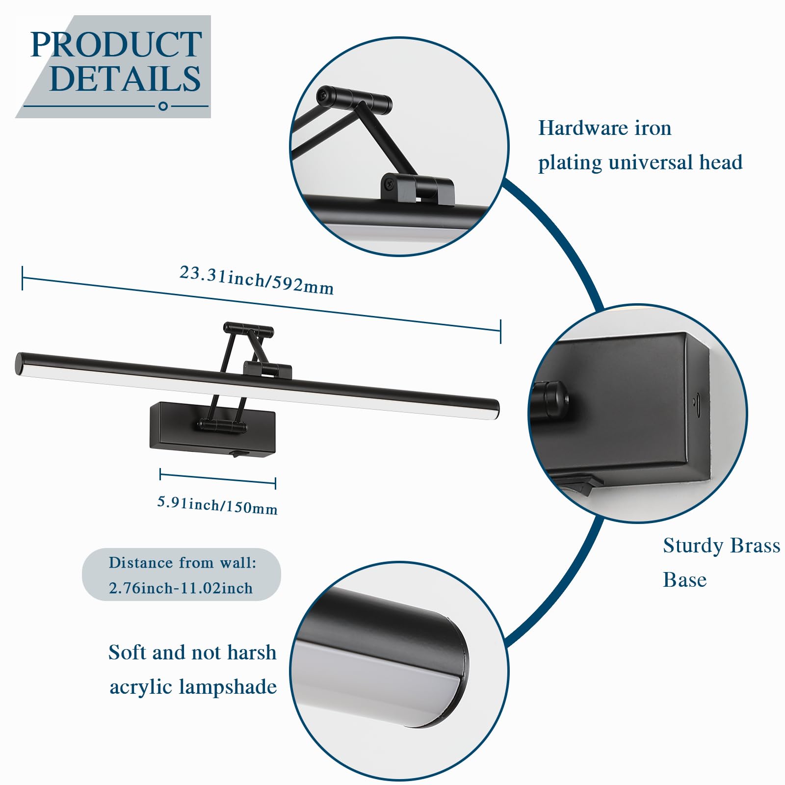 Joossnwell Battery Operated Picture Lights With Remote Wireless Art Lighting For Wall 23.62 Inch Rechargeable discomfort-reducingting Light Black Frame Light Dimmable 3Cct Gallery Light For Library Portrait