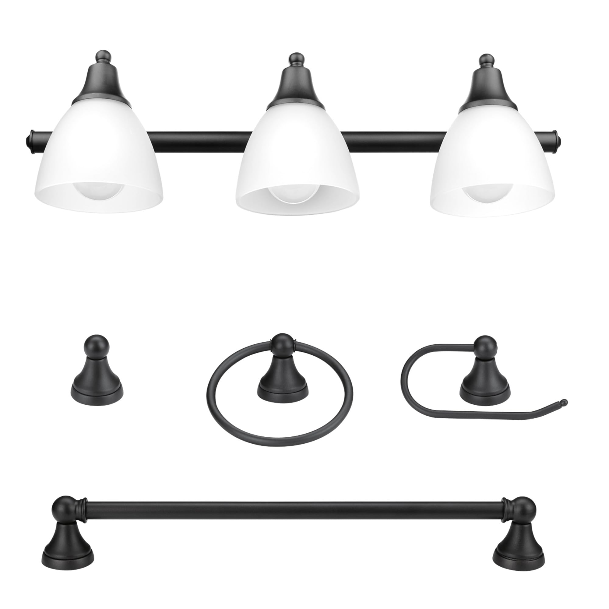 Globe Electric Jayden 5-Piece Bathroom Set, Oil Rubbed Bronze, Frosted Glass, Model 51227, Includes Vanity Light, Towel Bar, and More