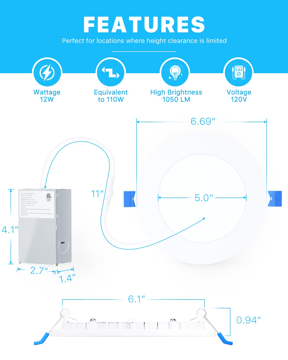 Ensenior 12 Pack 6 Inch Ultra-Thin LED Recessed Light, Dimmable, 12W, 2700K-6000K Selectable, ETL Certified,
