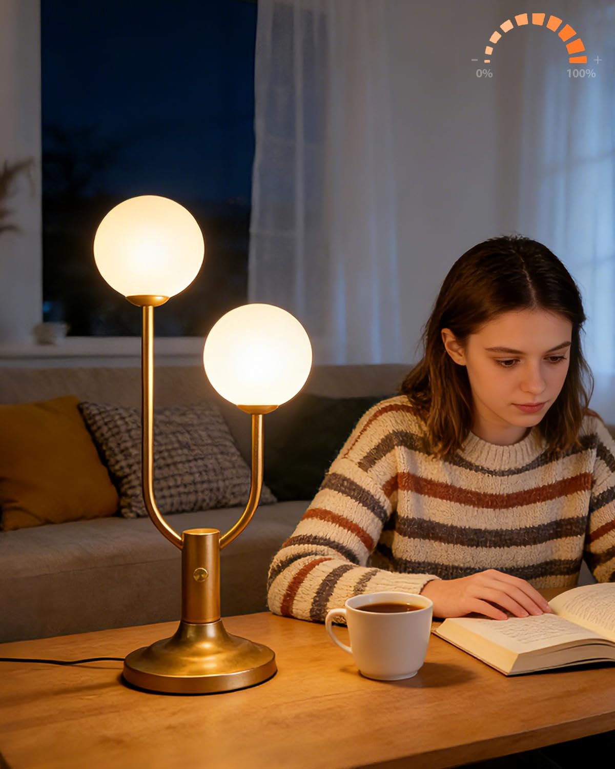 ACOHOOK Gold Globe Table Lamp for Bedroom 2-Light Mid Century Modern Desk Lamp for Reading 3000K Warmwhite Dimmable Bedside Lamps Nightstand Lamp (G9 Bulb Included)