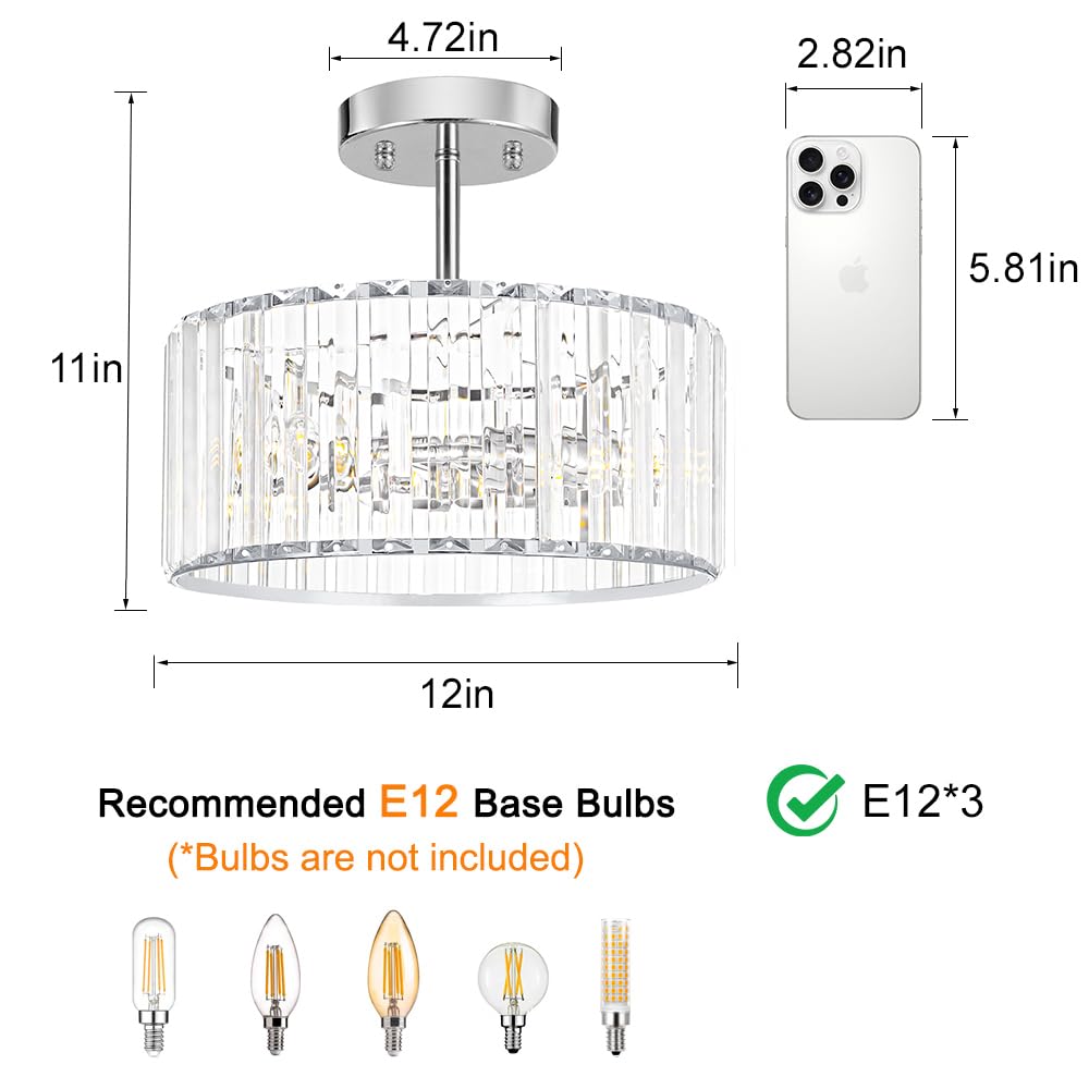 Lxybcce Modern Crystal Ceiling Light  Chrome Semi Flush Mount Ceiling Lighting Fixture  Hallway Light Fixtures Chandelier For Kitchen  Bedroom Dining Room Hallway Closet  3-Light  12 Inch