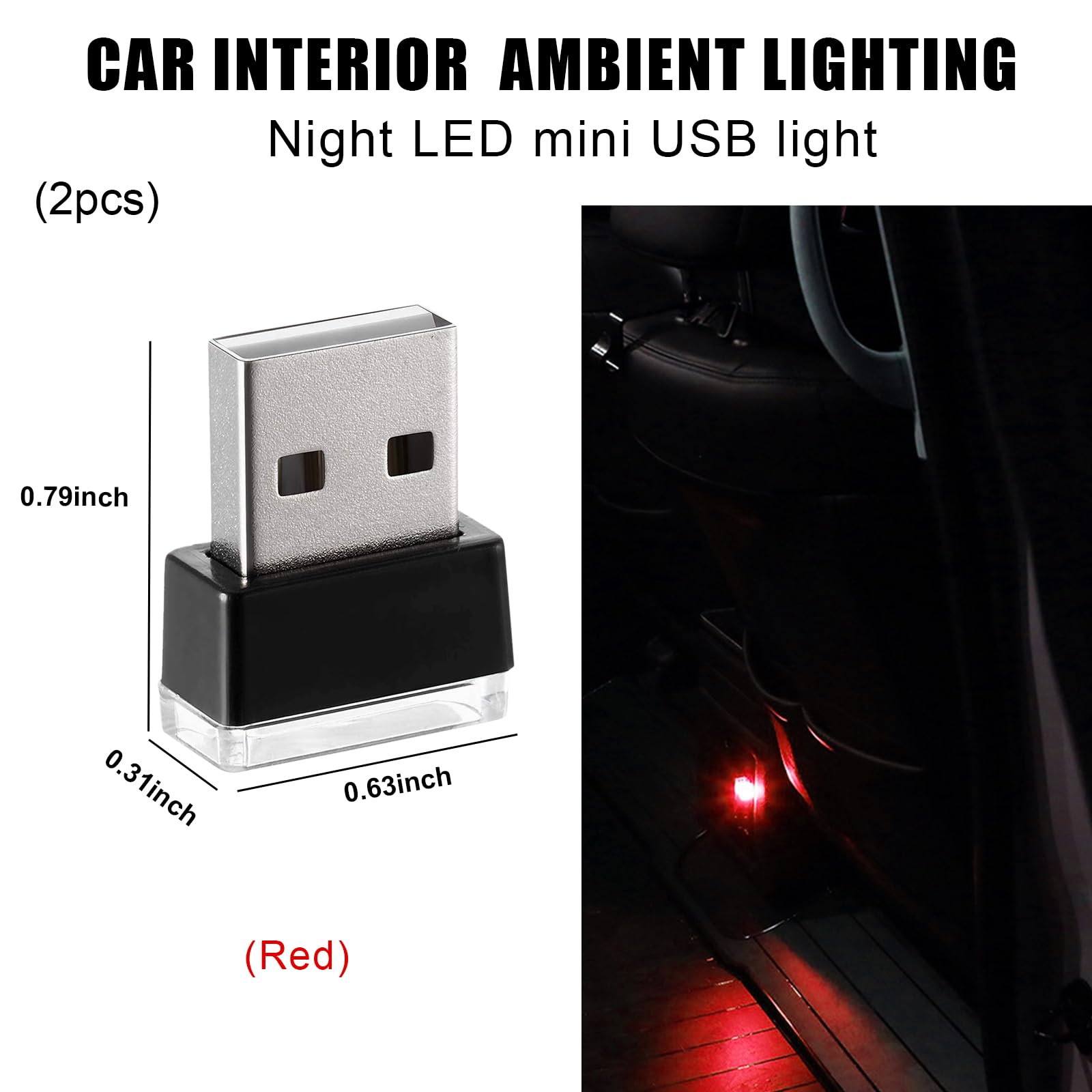 Sylvil 2 Pcs Usb Led Car Interior Atmosphere Lamp  Portable Mini Led Night Light  Plug-In Usb Interface Trunk Ambient Lighting Kit  Universal Interior Car Accessories (Red)