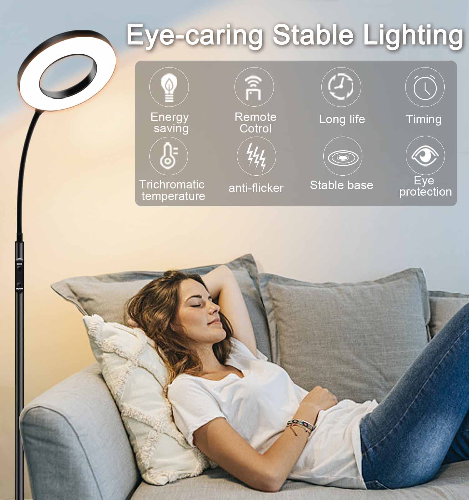 Vividstarry Led Reading Floor Lamp With Remote & Touch Control, Bright Adjustable Gooseneck Lamp For Living Room Bedroom Office,