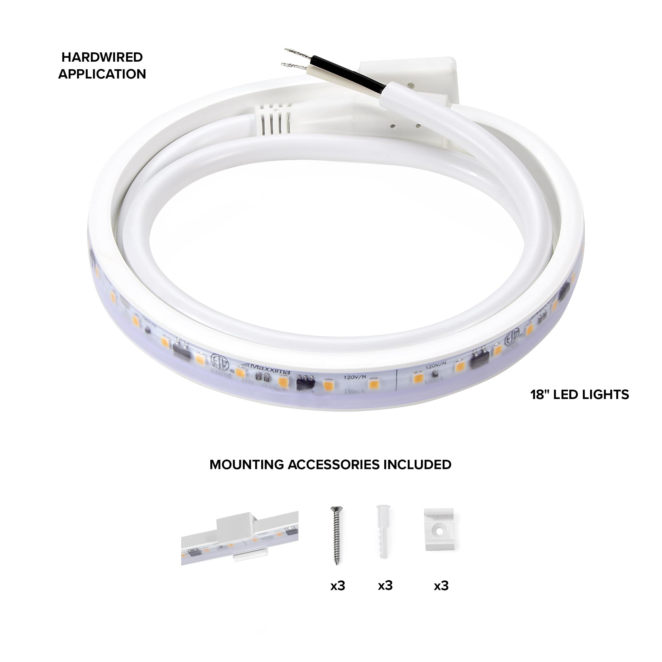 Maxxima 18 In. Hardwired Led Under Cabinet Strip Light, 690 Lumens, 3000K Warm White, Kitchen And Living Room 120V White Cove Li
