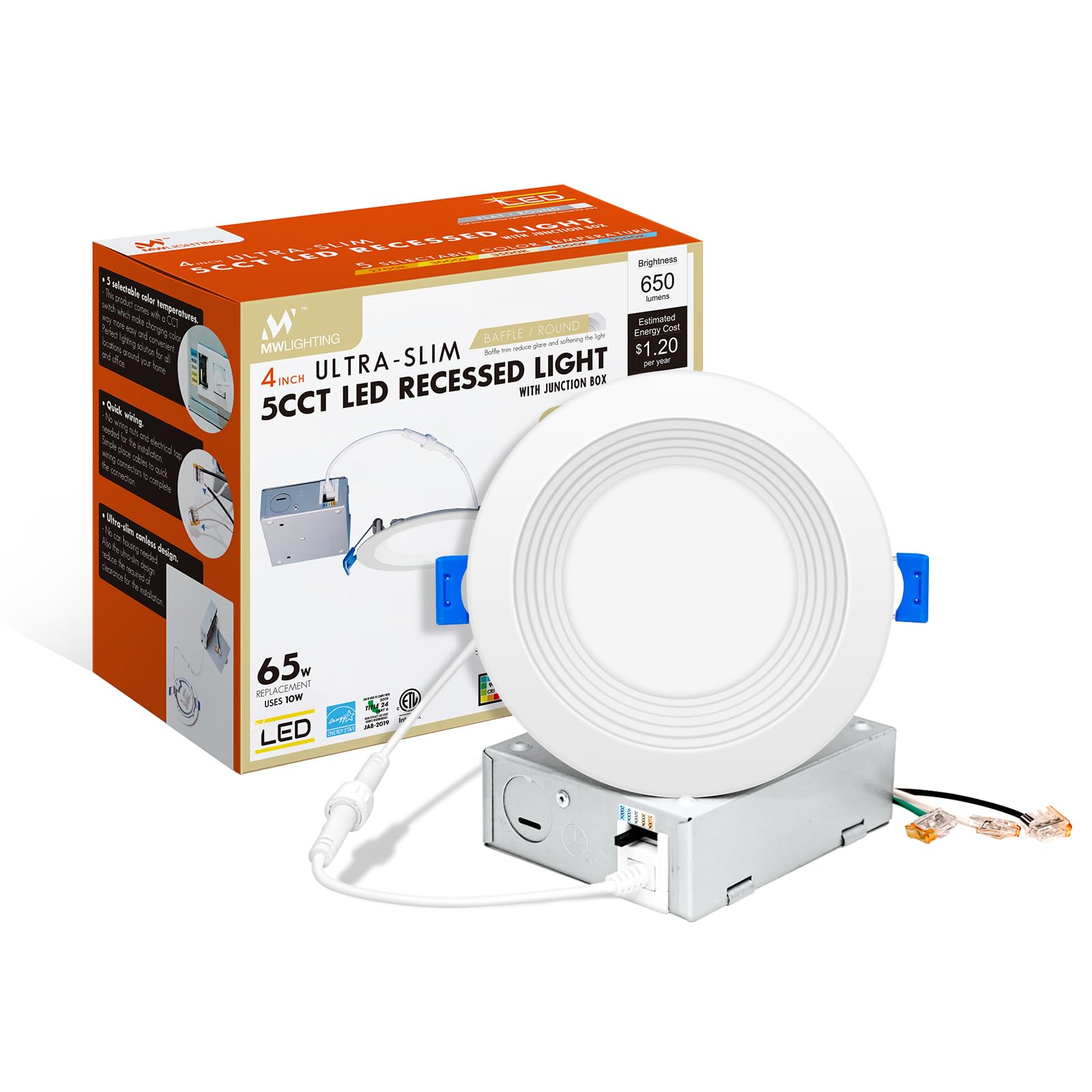 Mw 4 Inch 5Cct Ultra-Thin Led Recessed Light With Junction Box,Dimmable 4 Inch Wafer Led Lights, 10W High Brightness Downlight W