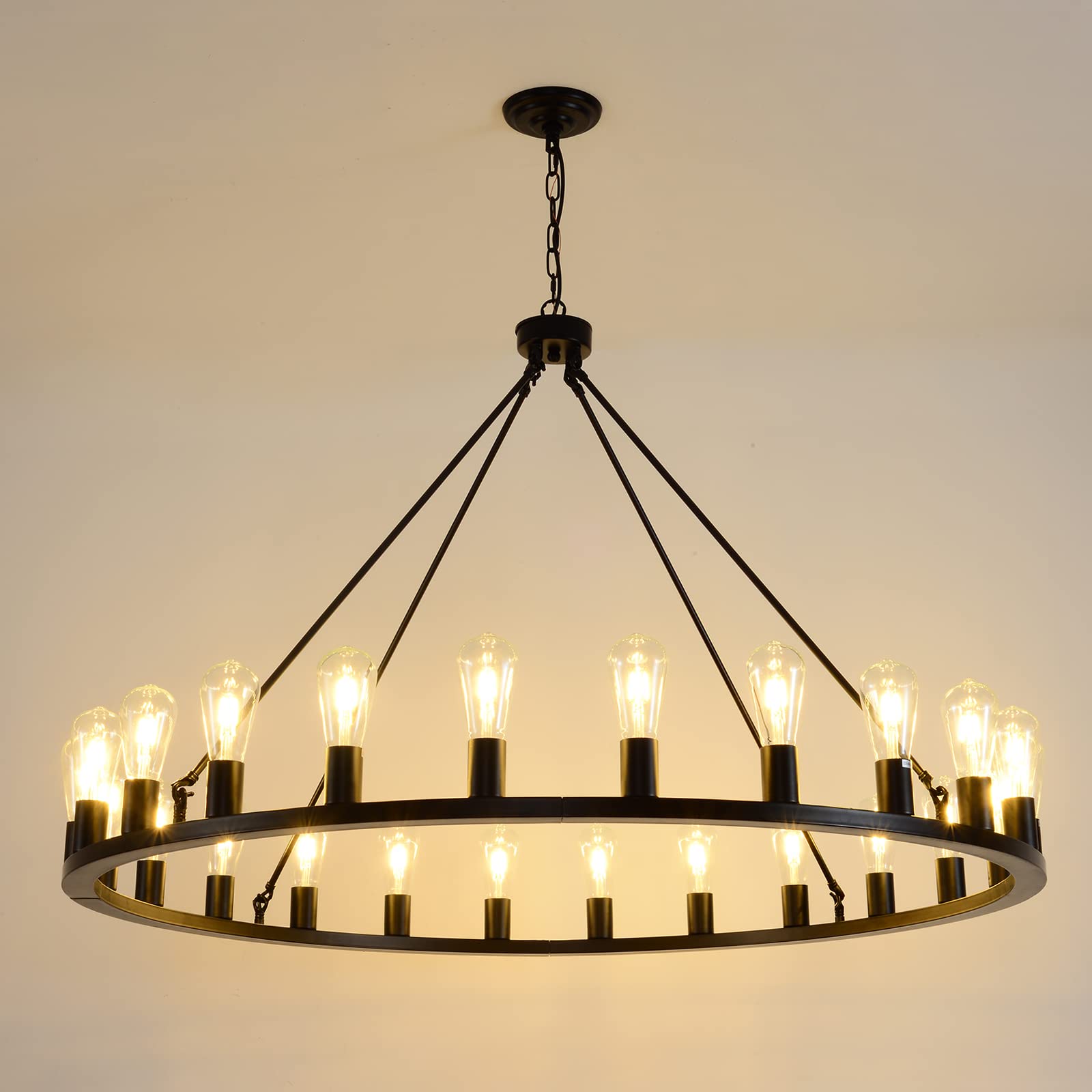 WOGON WEEL Wagon Wheel Chandelier 24-Light 48-Inch, Black Round Rustic Farmhouse Chandelier Extra Large for High Ceilings, Dinin
