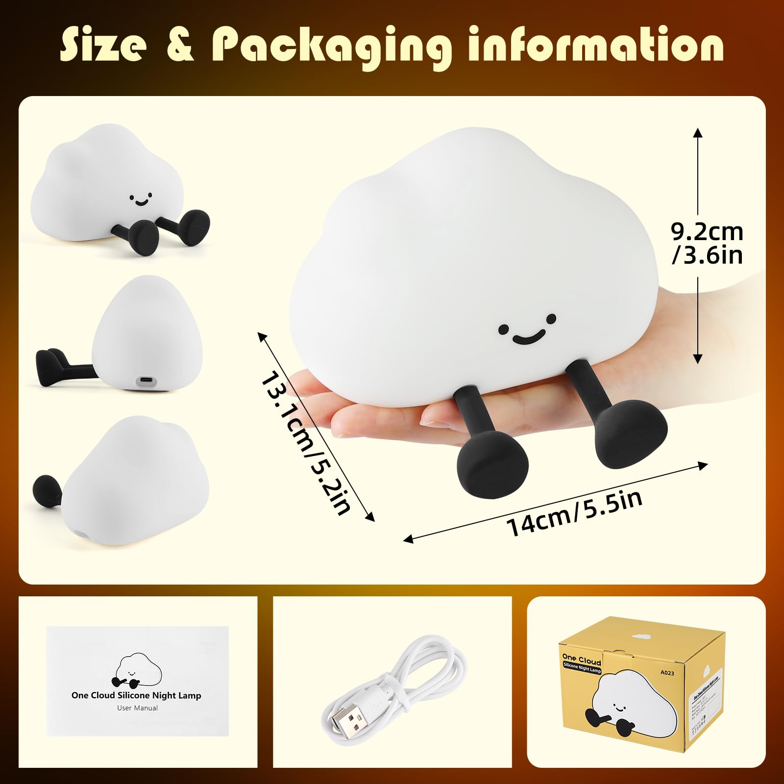 YISUN Cloud Night Light, Rechargeable LED Nursery Lamp, 3 Level Dimmable, Model A023, Cute Silicone for Kids Room Decor
