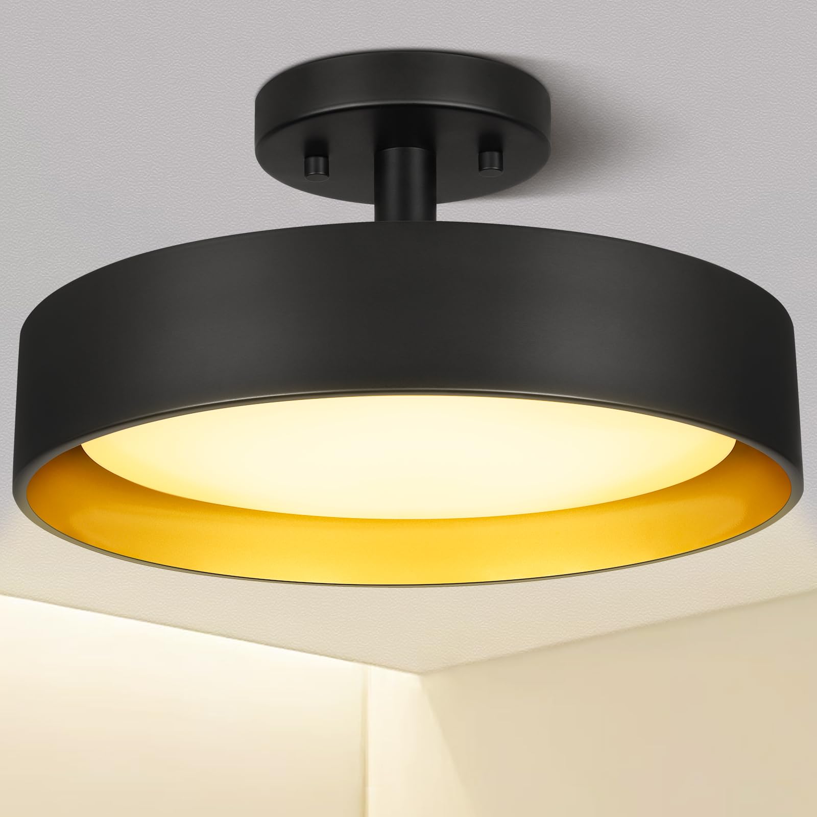 SunRider Semi Flush Mount LED Ceiling Light Fixture, 12-inch 25W 2000LM Black Pendant Lamp for Entrance Attic, Gold Inside, 3000
