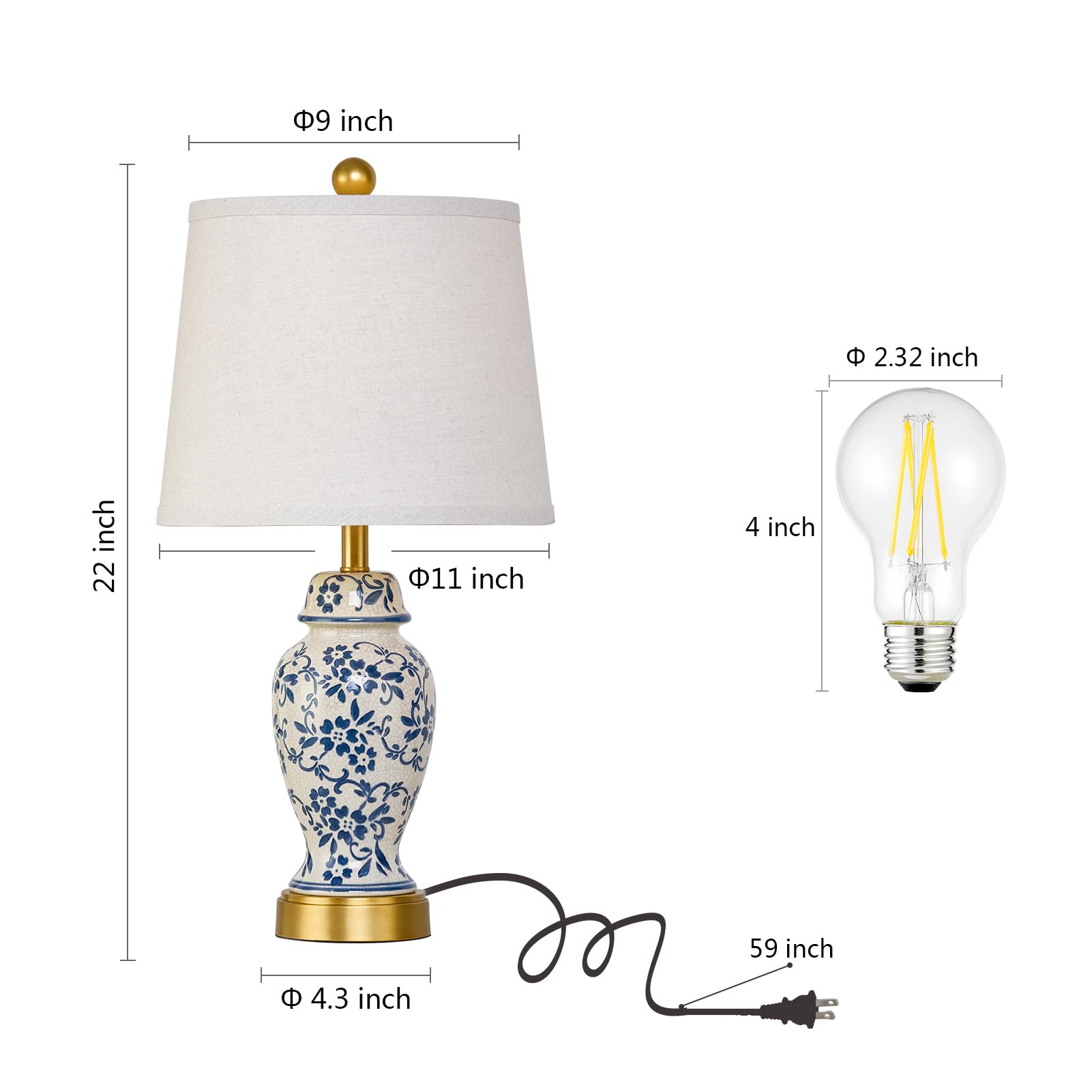 RORIANO Chinoiserie Ceramic Table Lamps Set of 2 - Traditional Blue & White Porcelain, Gold Finish, Includes 2 LED Bulbs, Model RO-8927