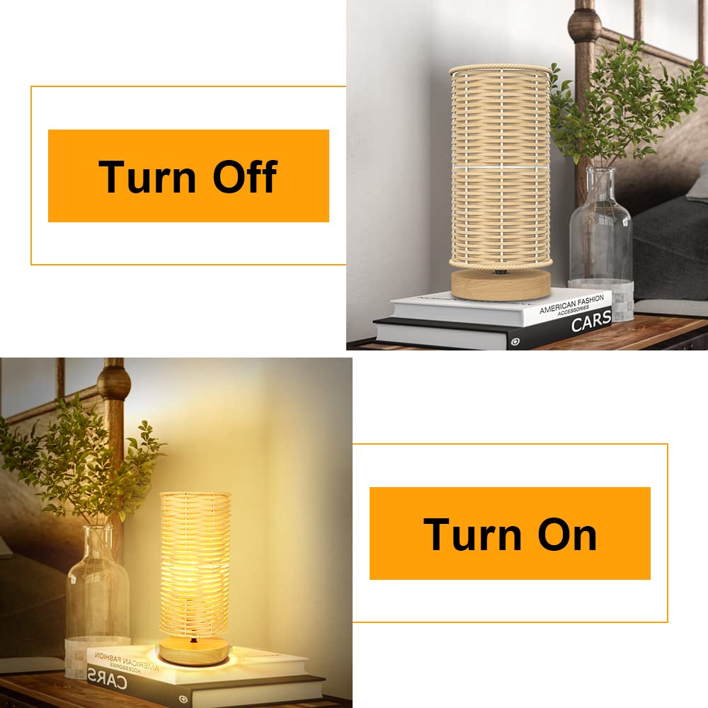 DINGLILIGHTING Bedside Table Lamp, LED Rubber Wood Nightstand Lamp, Round Rattan Shade, 11.81 in, Model WS-MNT19-60B, Wood