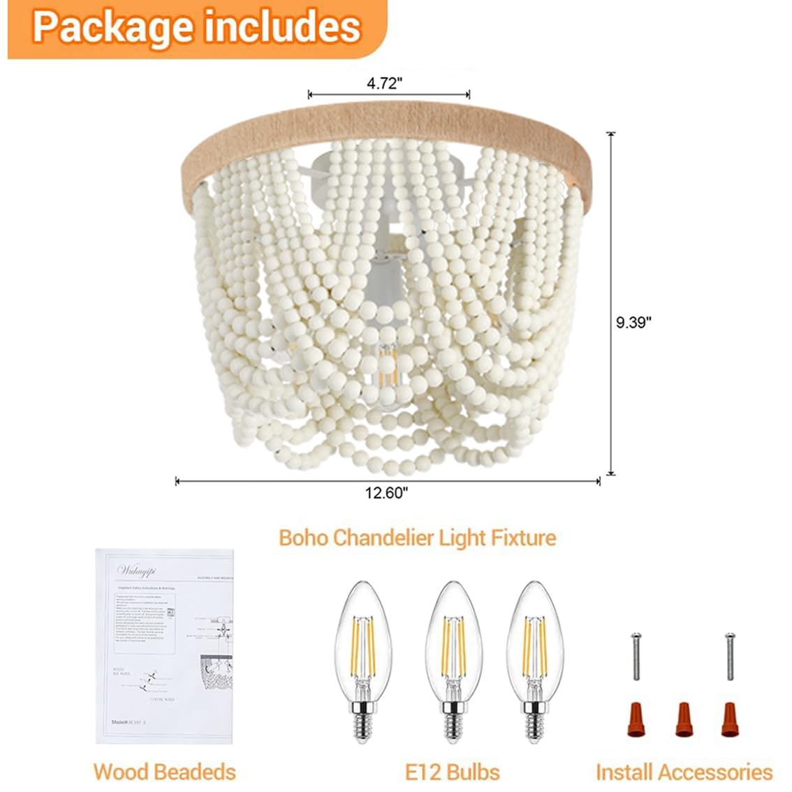 Wuhuyipi Wood Beaded Chandelier LED Flush Mount Ceiling Light 12.2" Jute-2 Iron 2 Pack
