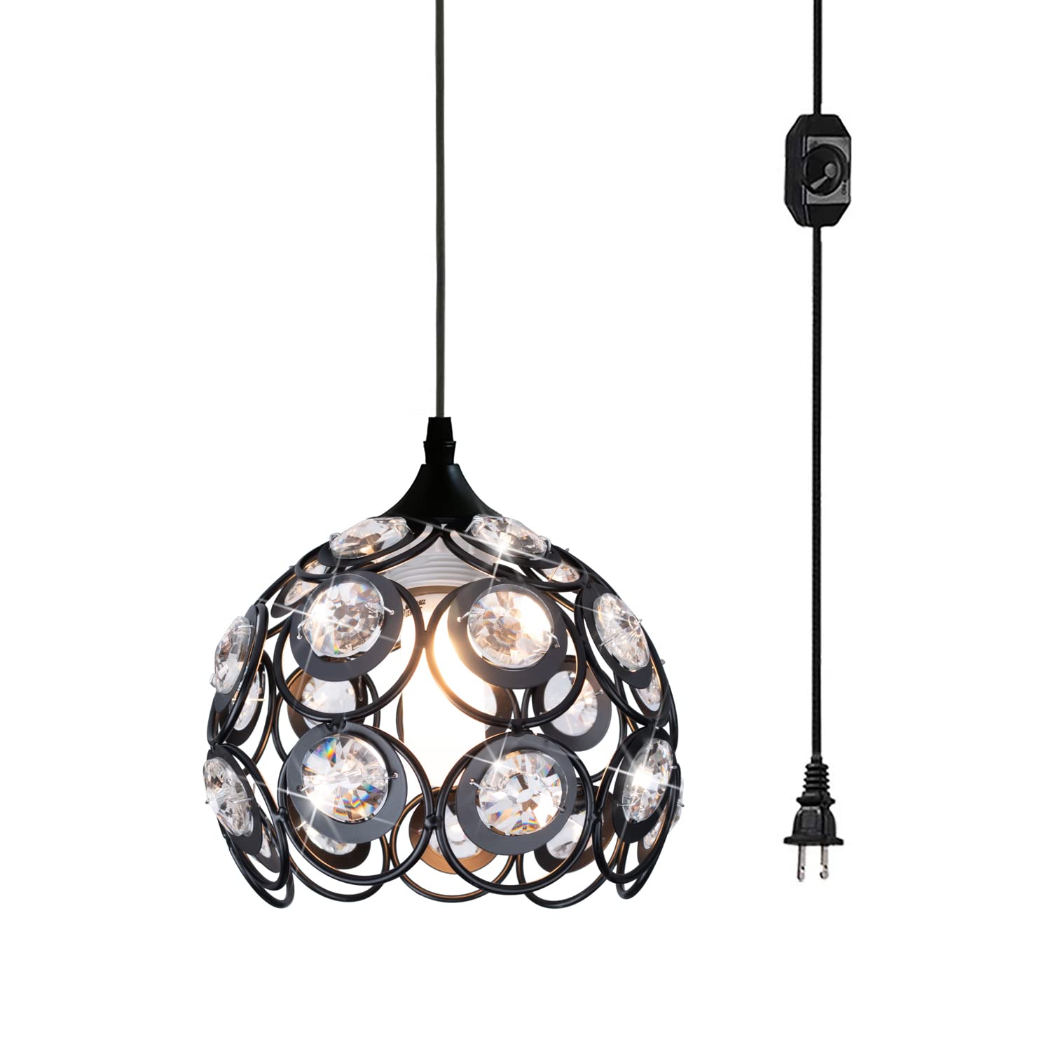 TISLYCO Black Plug-in Chandelier, Rustic Crystal Hanging Light, 5.5inx7in, 13.12ft Cord with On/Off Switch