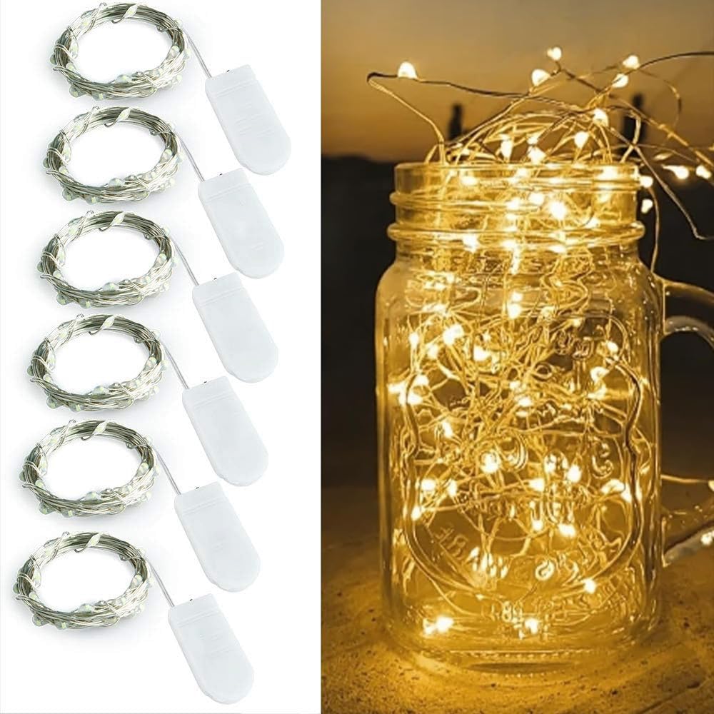 Fmmthq 6-Pack Fairy Lights - 3.3Ft 10 Led Warm White Silver Wire Mini Lights For Mason Jars, Diy Crafts, Christmas, Wedding Decor