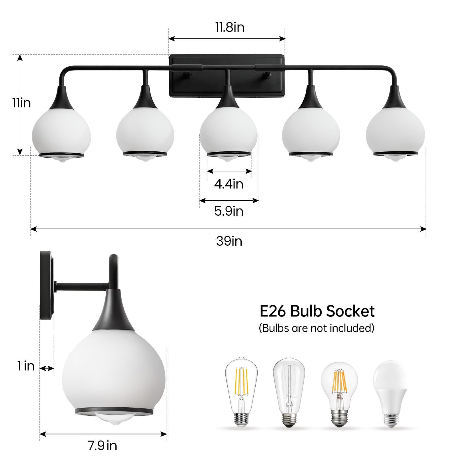 HAHZT 5-Light Black Bathroom Vanity Light Fixture with Milky White Frosted Glass Shade, Model 8033ML, 39.2 Inch Wall Sconce