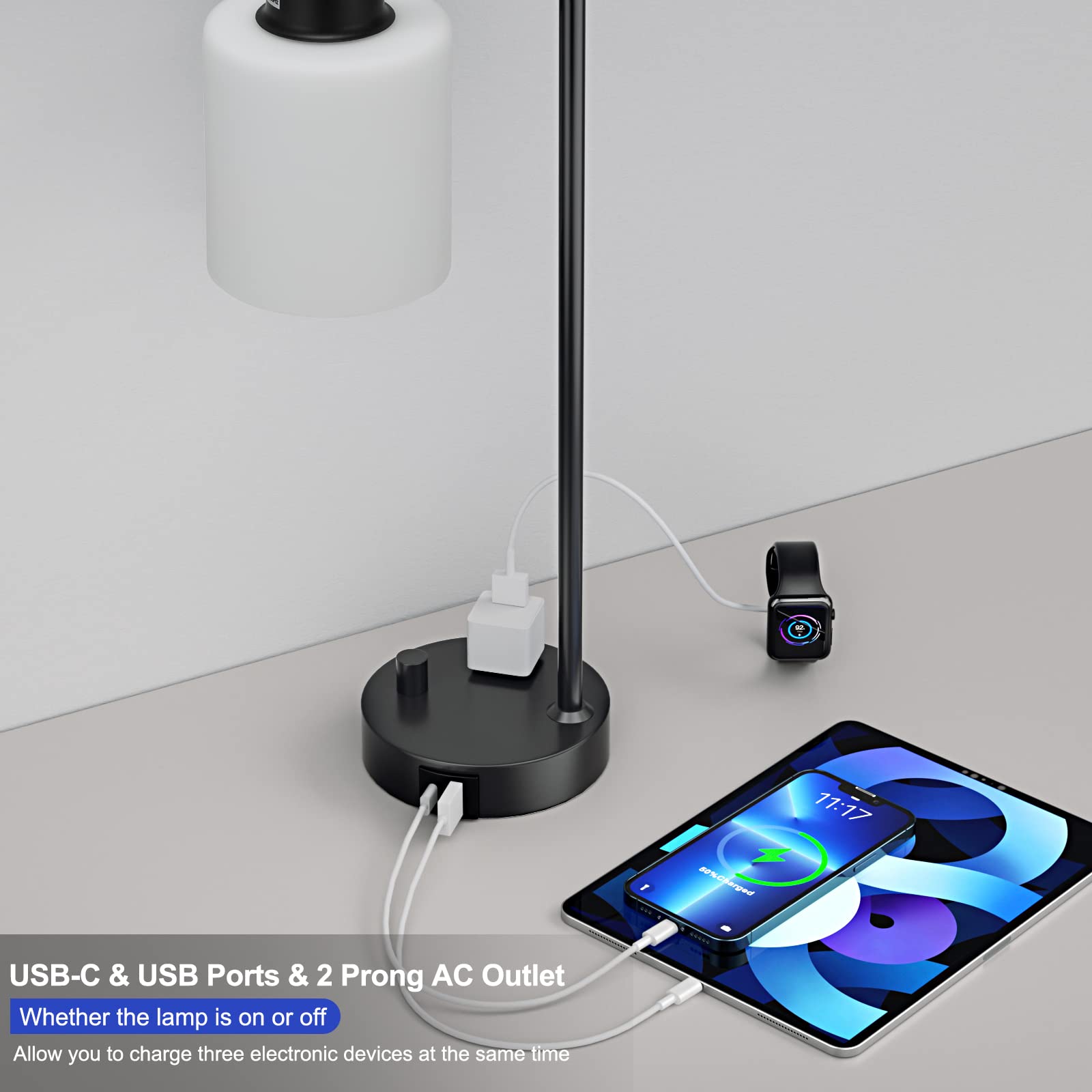 Industrial Bedroom Table Lamps For Bedside - White Opal Glass Shade Desk Lamps With Usb C Port, Fully Dimmable Black Lamps With