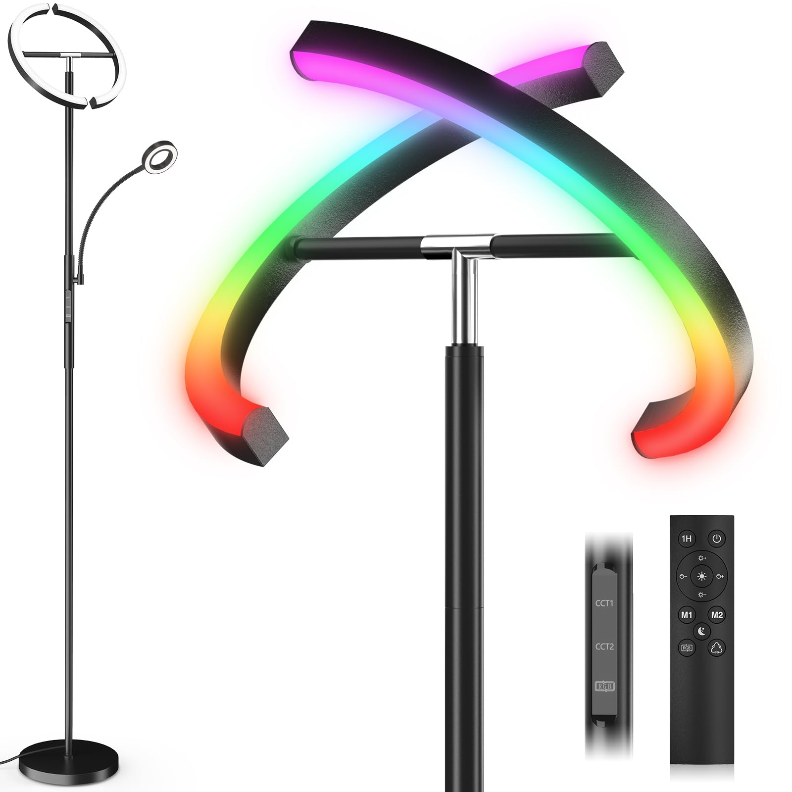Sibrille Upgraded Rgbcw Floor Lamp With Reading Lamp, Rotatable Remote Control Led Standing Lamp Dimmable Floor Light Modern Sta