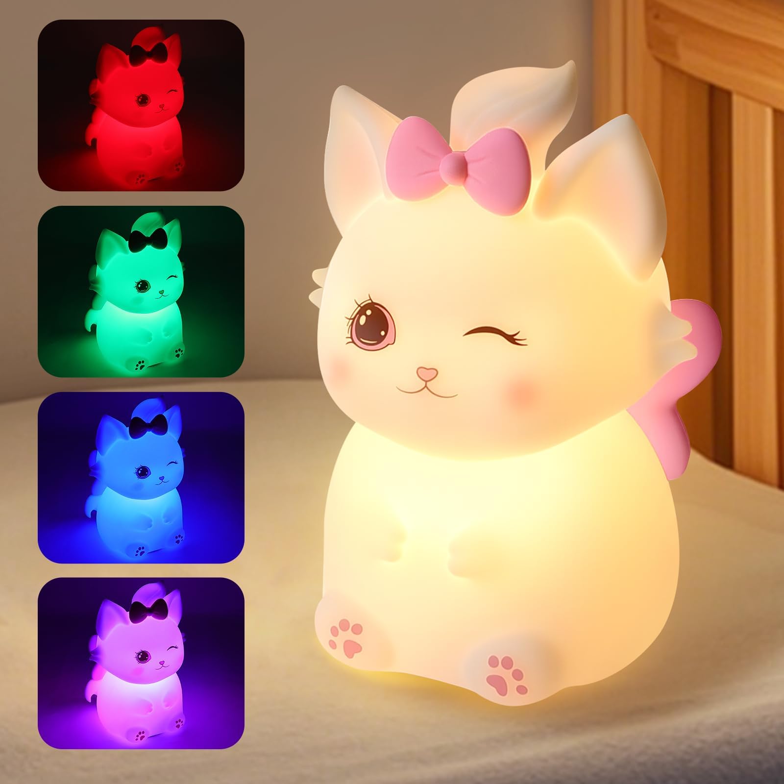 Cute Cat Night Light For Kids  7 Color Changing & Dimmable  Super Squishy Silicone Usb Rechargeable Lamp  Portable Nursery Light & Kawaii Gift For Baby  Boys  Girls & mature-themeds  For Bedroom Decor