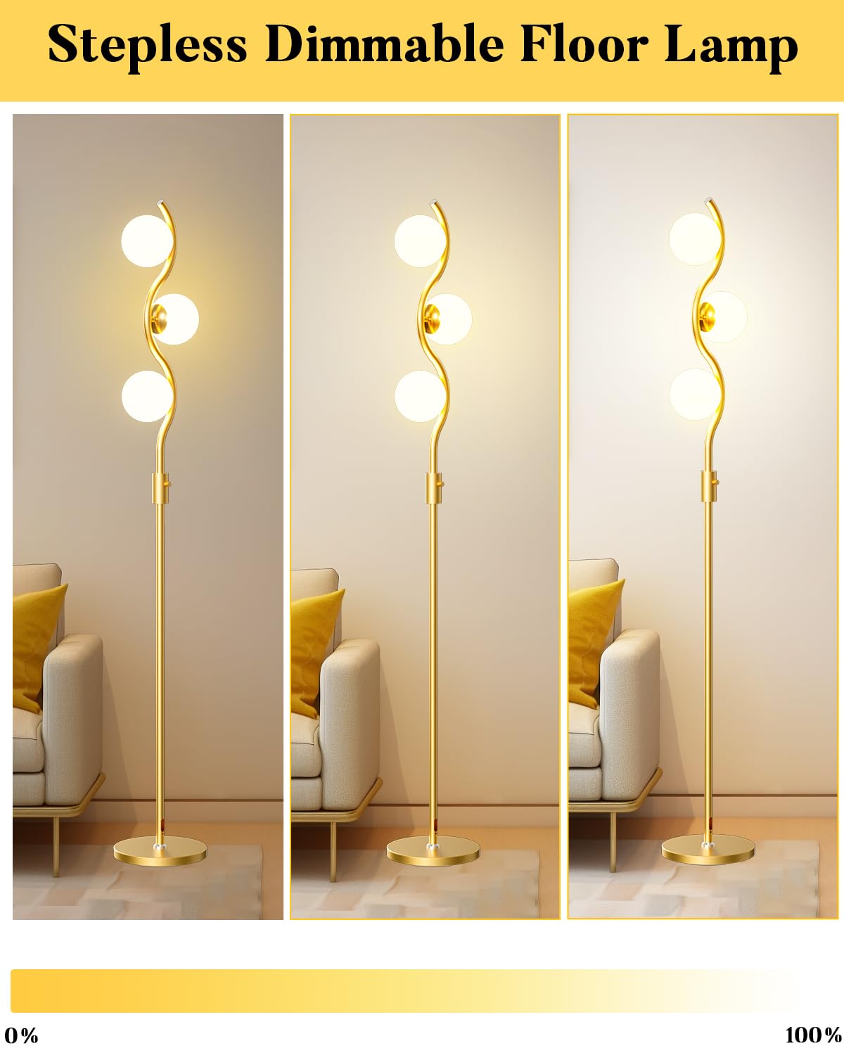 Lightdot 60IN Dimmable Gold Floor Lamp, Mid Century Metal Design, 3 Globe Warm White Bulbs, Model YRFLL-E26XX-26