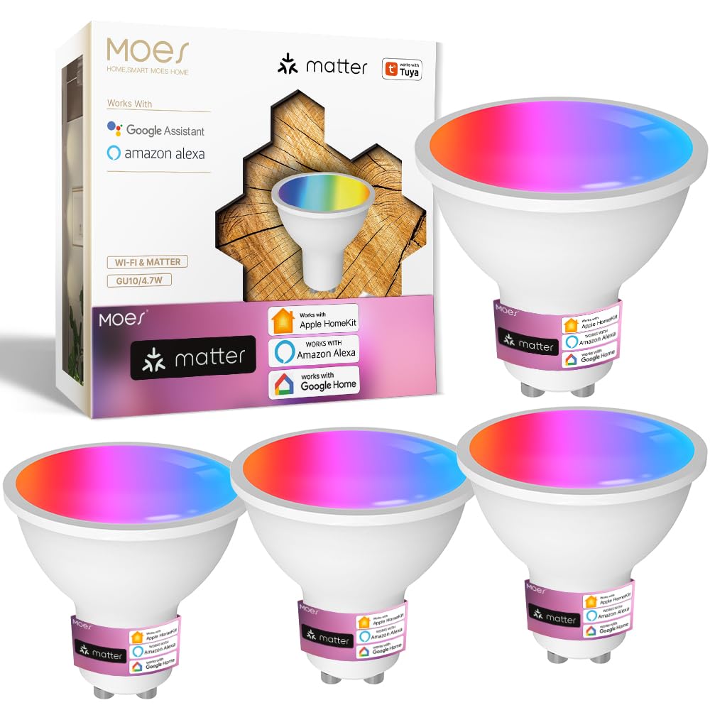Moes Matter Smart Gu10 Led Light Bulbs, Color Changing Wifi Bulbs, 2700K-6500K Cw& Rgb Dimmable, Smart Life Remote Control, Work