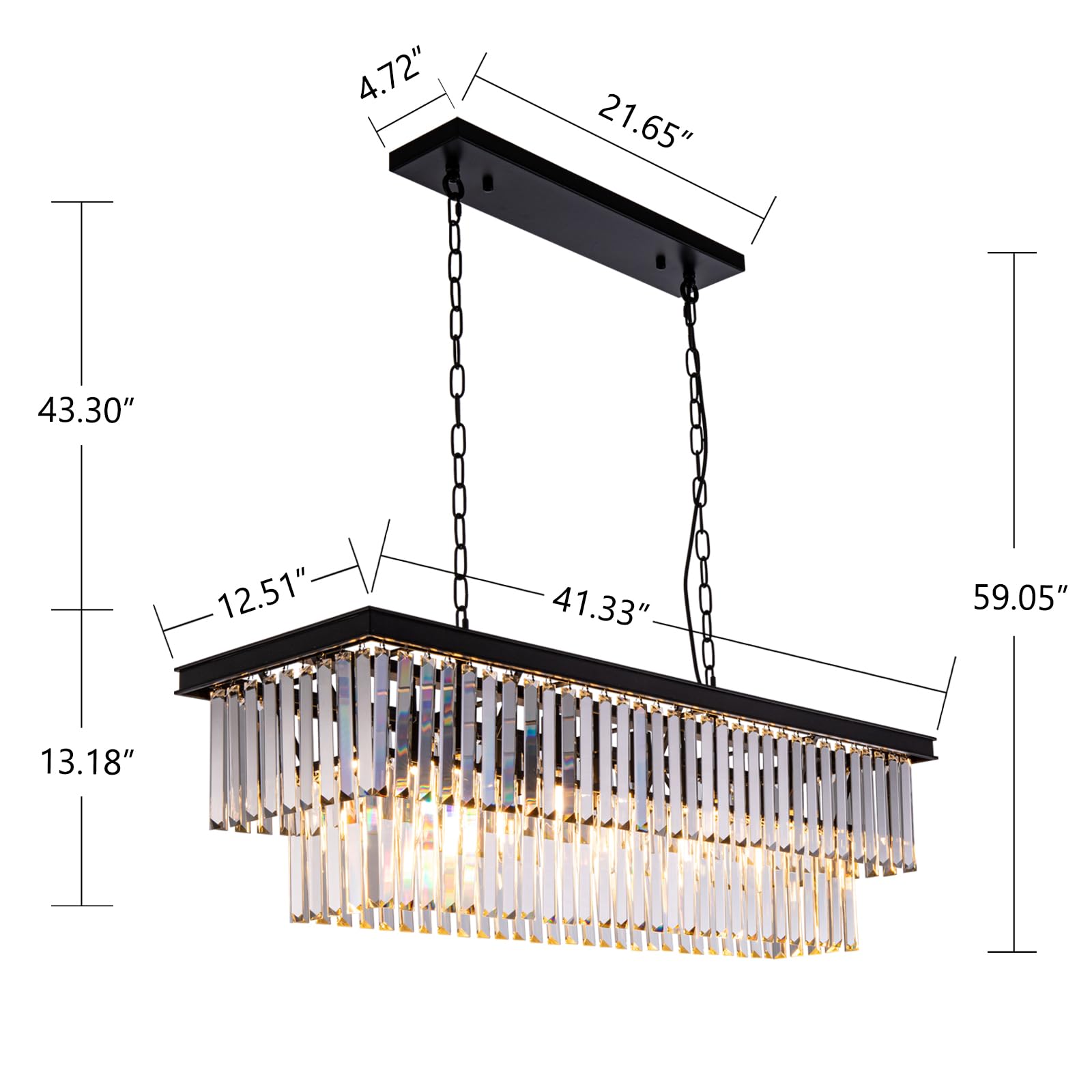 Wellmet 40-Inch Black Crystal Chandelier, 11-Light Modern Metal Fixture for Dining Room, Living Room, Kitchen Island, Transparent