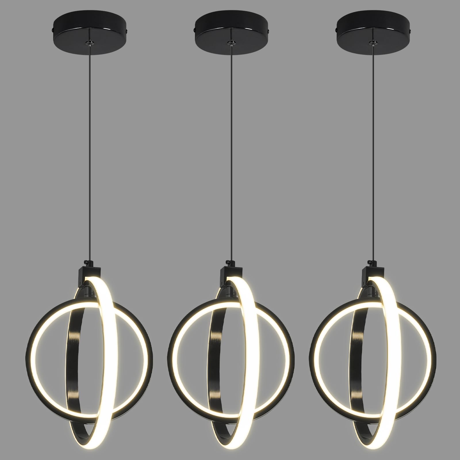 Bnhhlz Modern Led Pendant Lights Plated Black Farmhouse Ring Pendant Light Fixtures 4000K Dimmable Round Pendant Lighting For Dining Room Kitchen Island Bedroom Living Room Foyer(3-Pack)