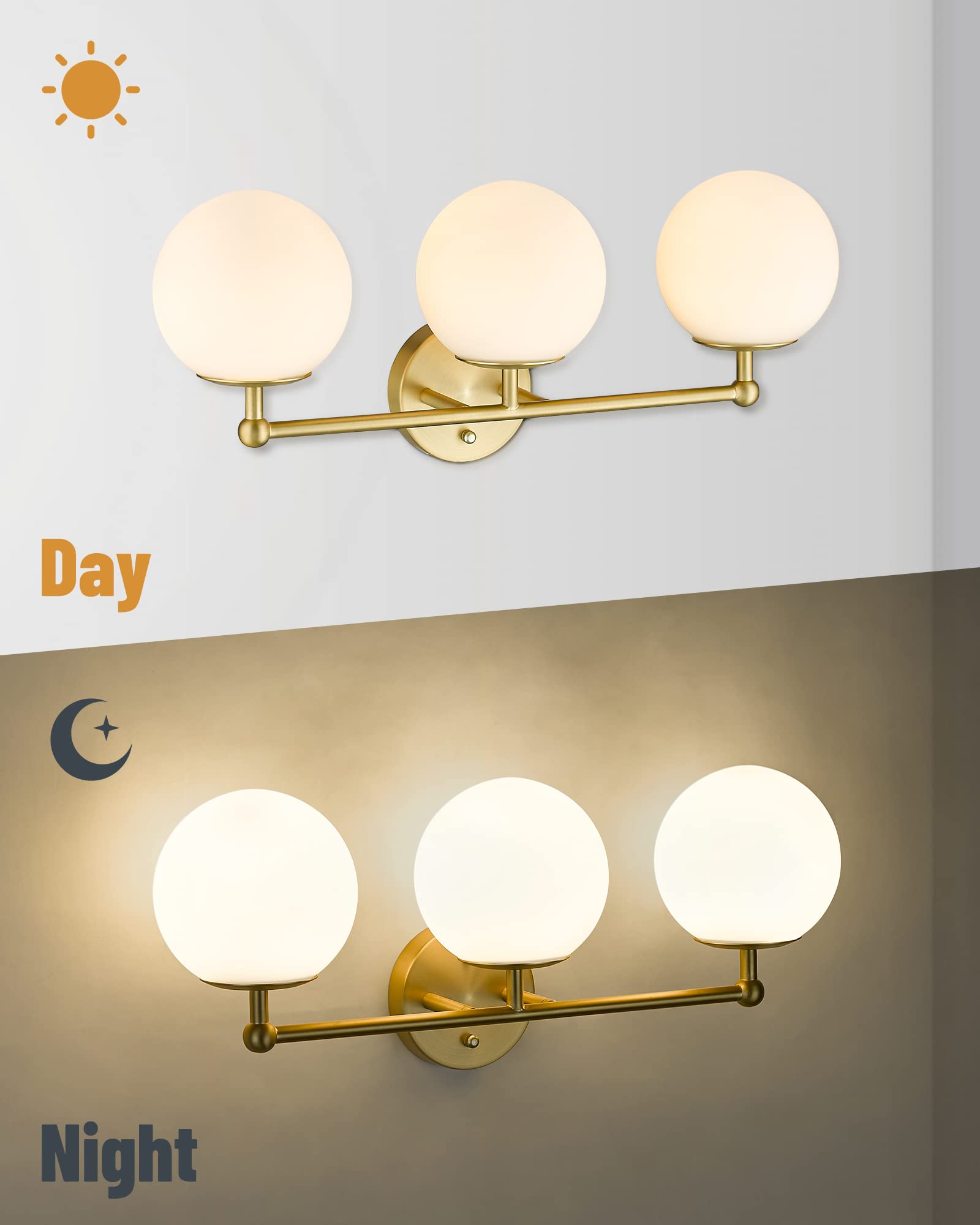 Akezon Gold Vanity Light For Bathroom, Modern Bathroom Light Fixtures Over Mirror 3-Light With Milky Glass Globe Shade, Kw-7308-3