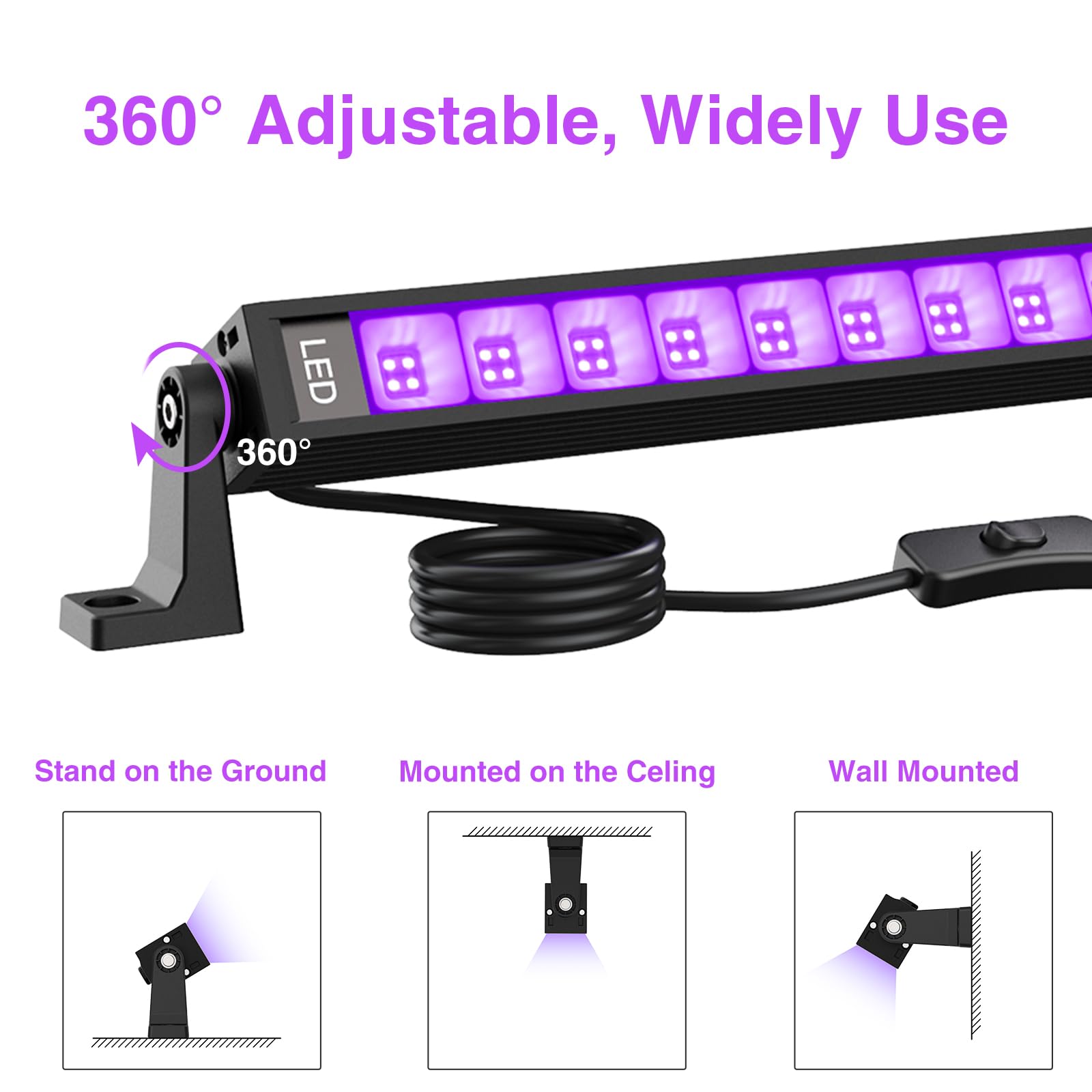 lamvip 42W LED Black Light Bar with 5ft Cord and Switch, 8PCS, Black