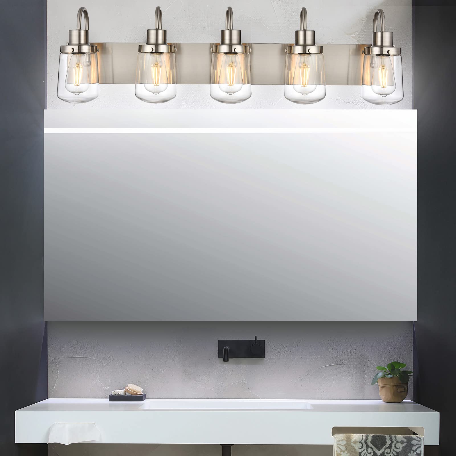 Yaohong 5-Light Modern Bathroom Vanity Light In Satin Nickel With Clear Glass Shades