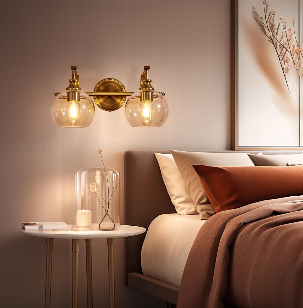 ANDY STAR 2-Light Brass Vanity Light Fixtures, Gold Metal Sconces with Globe Clear Lampshade, Farmhouse Bathroom Lighting, Model Parent-M10-SCONCE-3C