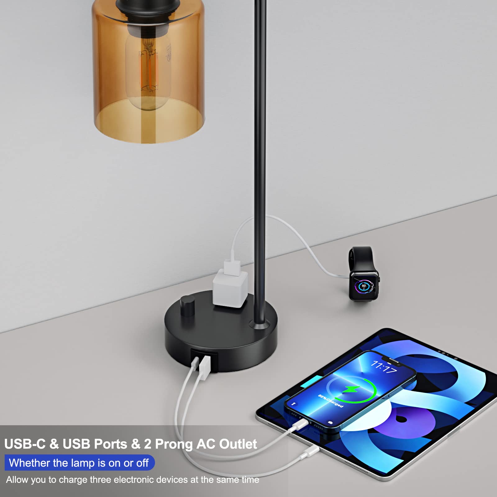 Innqoo Industrial Small Desk Lamp For Nightstand - Amber Clear Glass Shade Table Lamp With Usb C Port, Fully Dimmable Black Bedside Lamp With Usb Port And Outlet, Bedroom Lamp For Reading Office