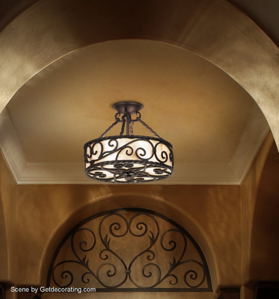 John Timberland Natural Mica Collection Rustic Ceiling Light Semi-Flush Mount Fixture Deep Walnut Scroll 15'' Wide Drum Shade Fo