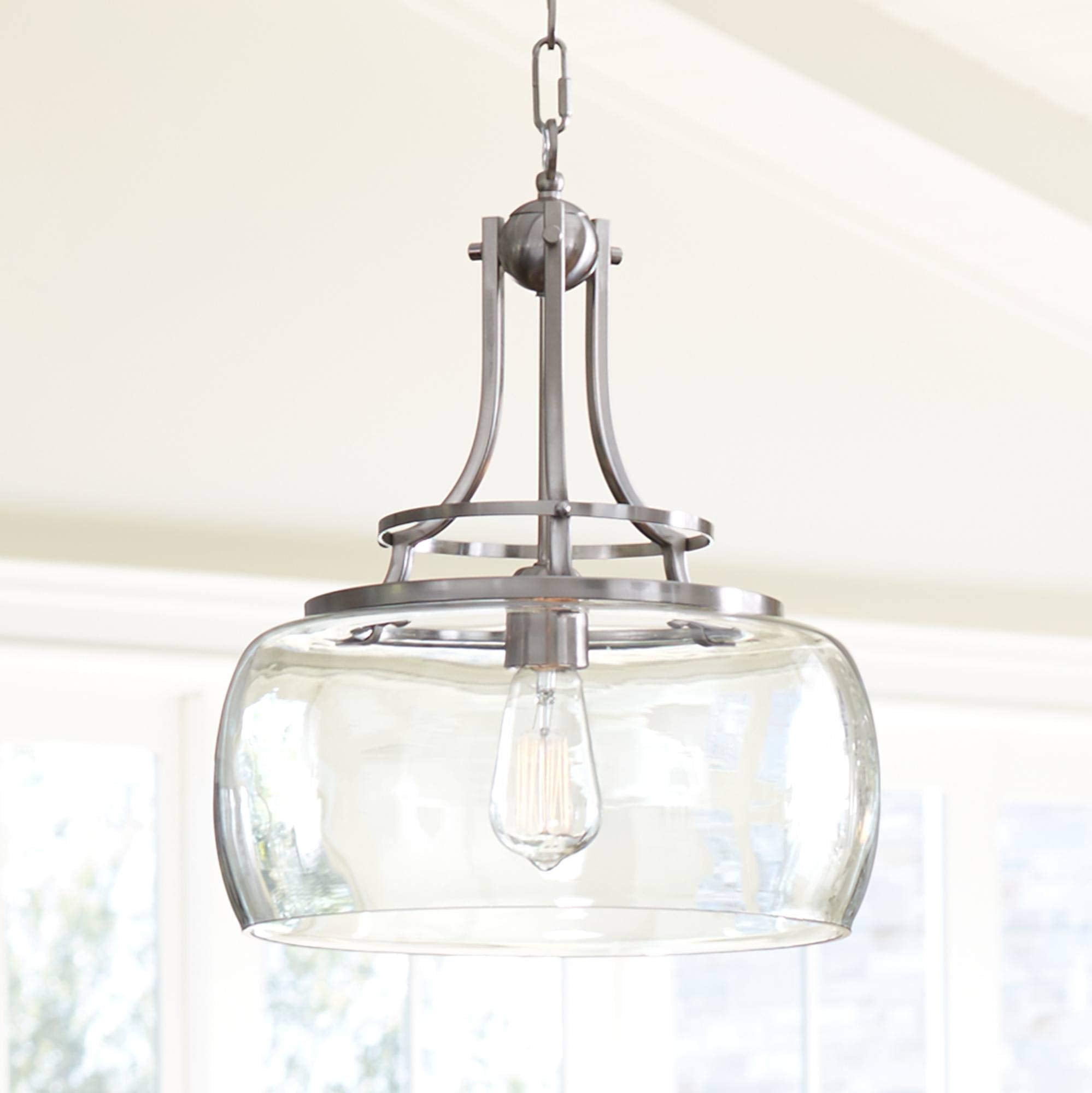 Franklin Iron Works Pendant Light - Brushed Nickel, Clear Glass, 13.5in Wide, 16in High, Model 7P203, Single Light for Farmhouse Decor