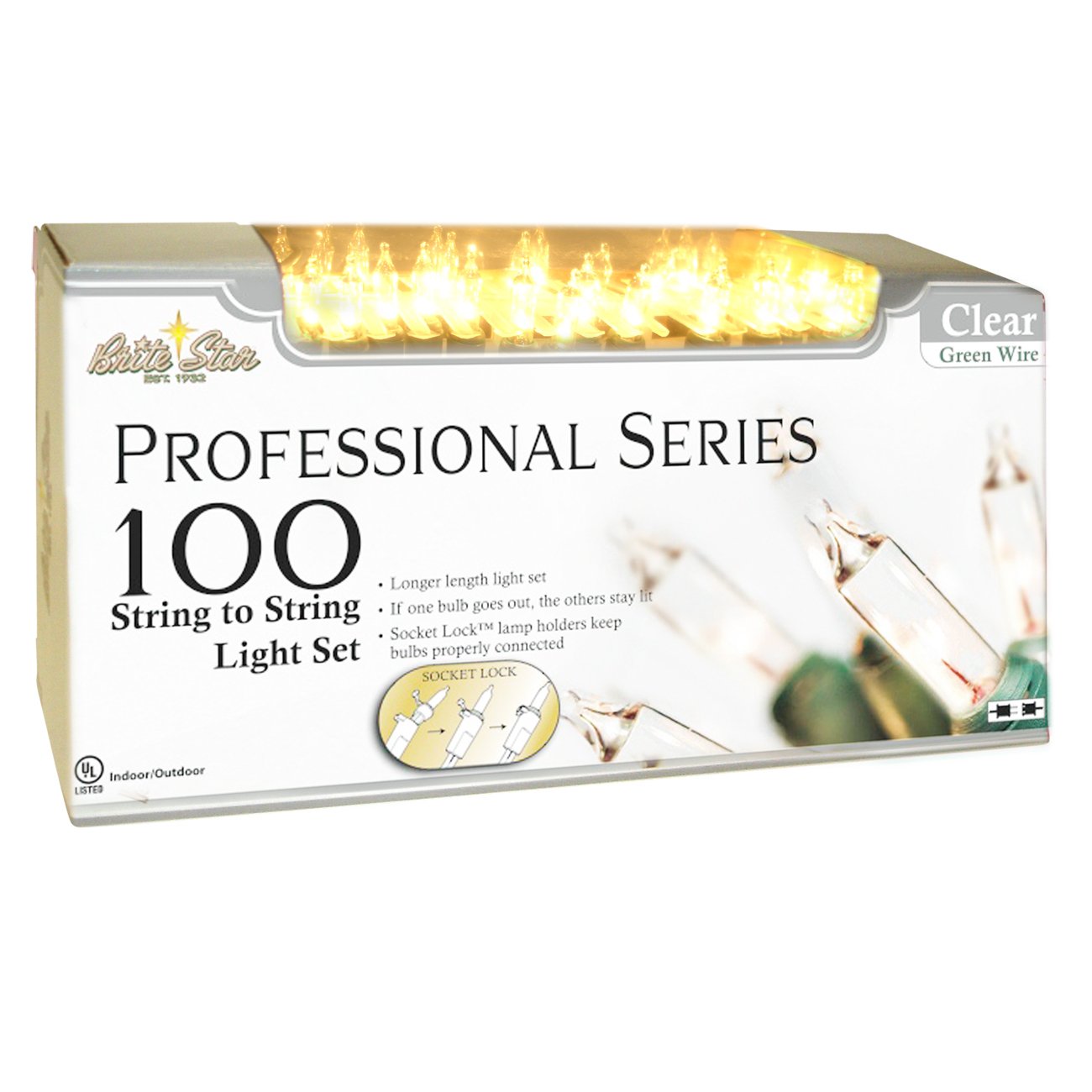 Brite Star 100 Count Professional Series Mini Light Set, White Wire, Green