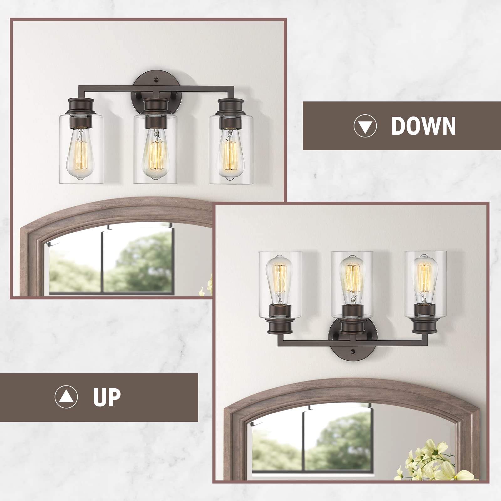 Emliviar 3-Light Oil Rubbed Bronze Vanity Light Fixture, Clear Glass Shade, Model YCE253B-3W ORB