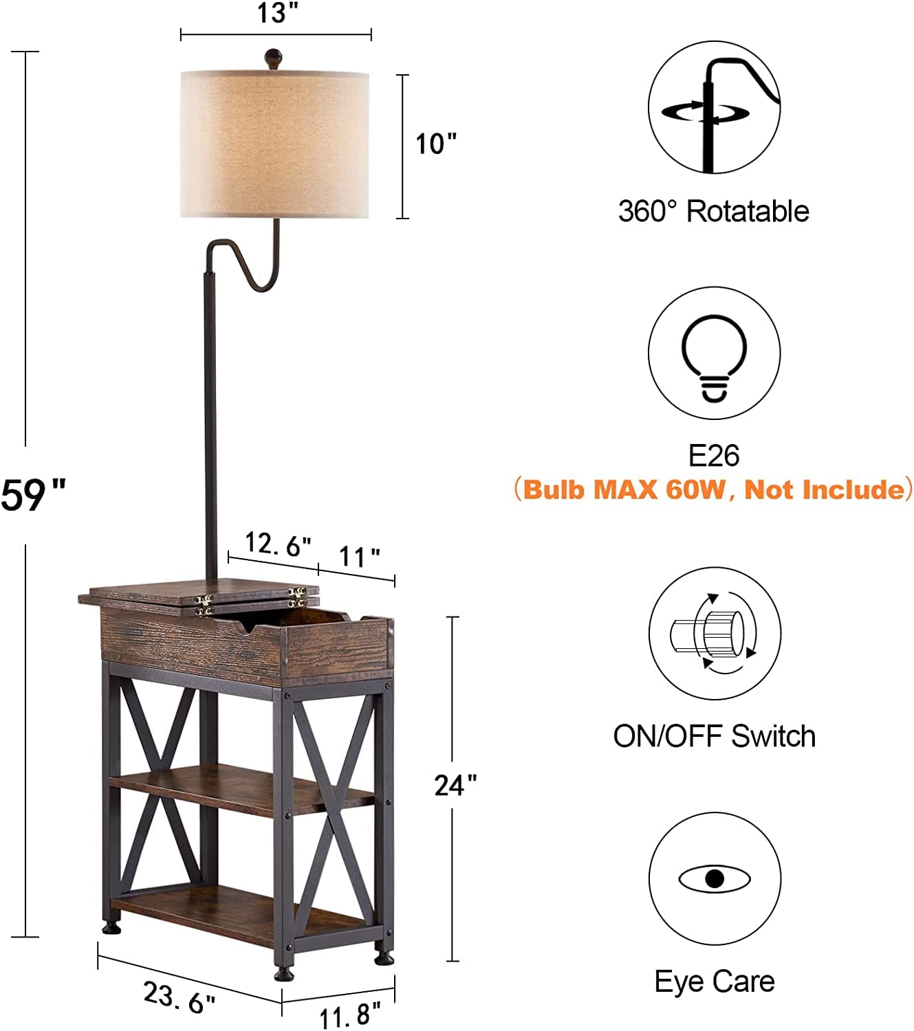 Dungoo Floor Lamp with Table, Rustic Brown End Table with USB, Type-C Ports & 2 Outlets, Model DG-BG-GM